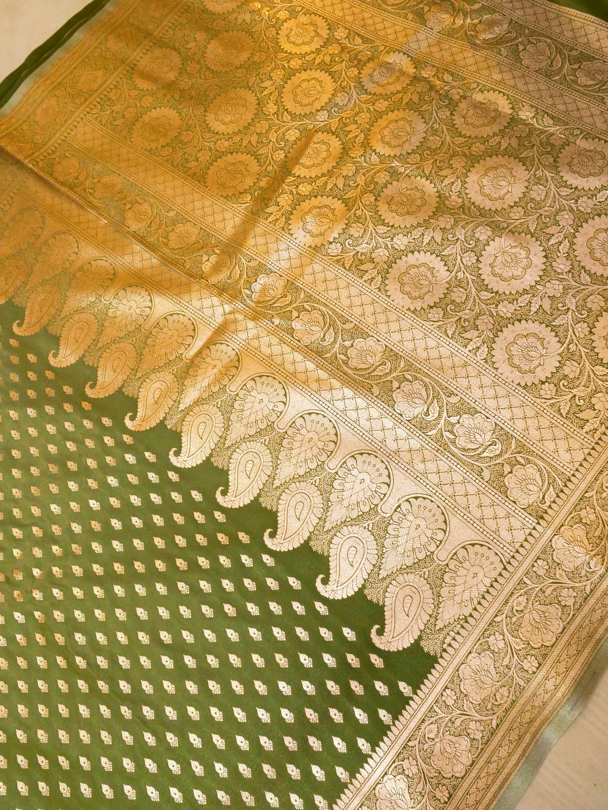Rich Olive Green Banarasi Silk Saree with Gold Zari Weaving
