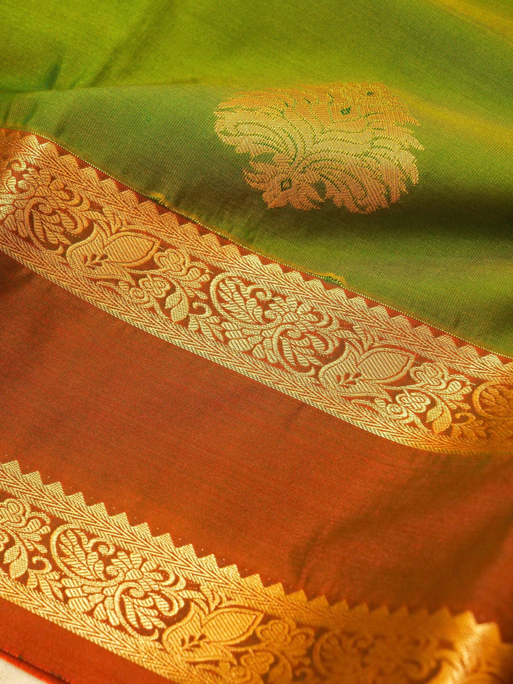 Devi - Parrot Green Kanjivaram Silk Saree with Korvai Border