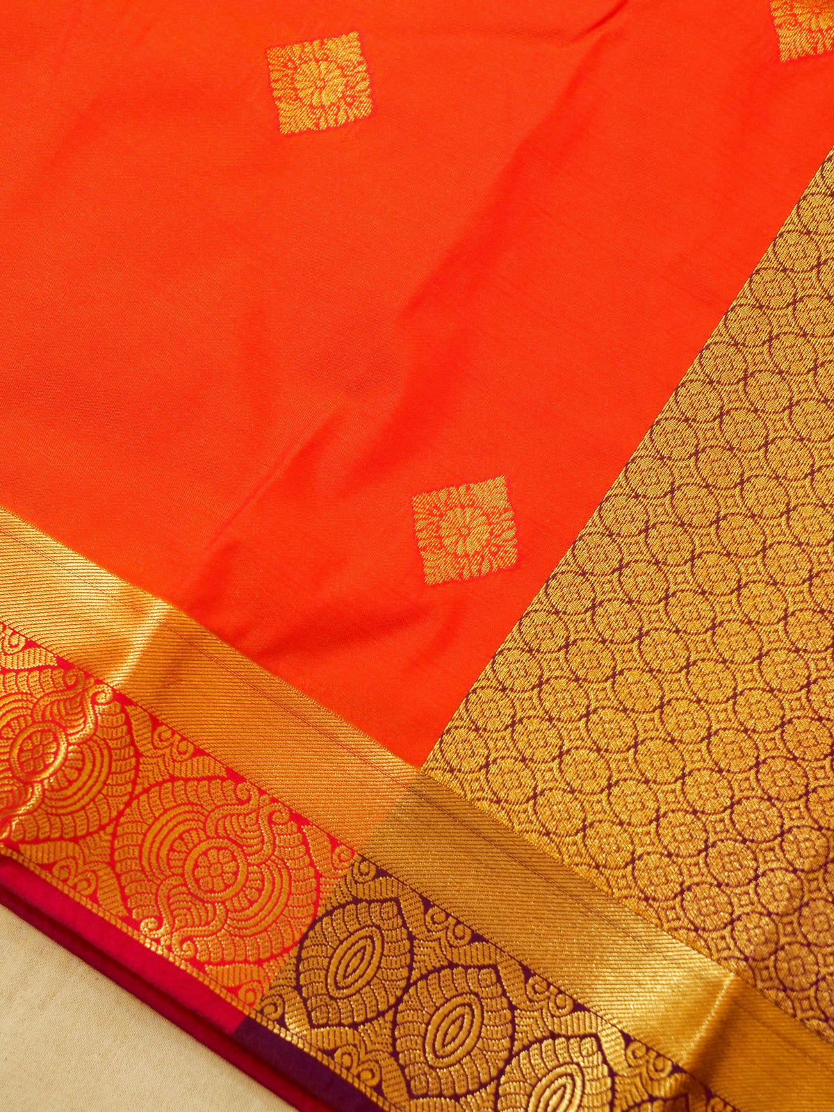 Devi - Vermilion Red Kanjivaram Silk Saree with Korvai Border