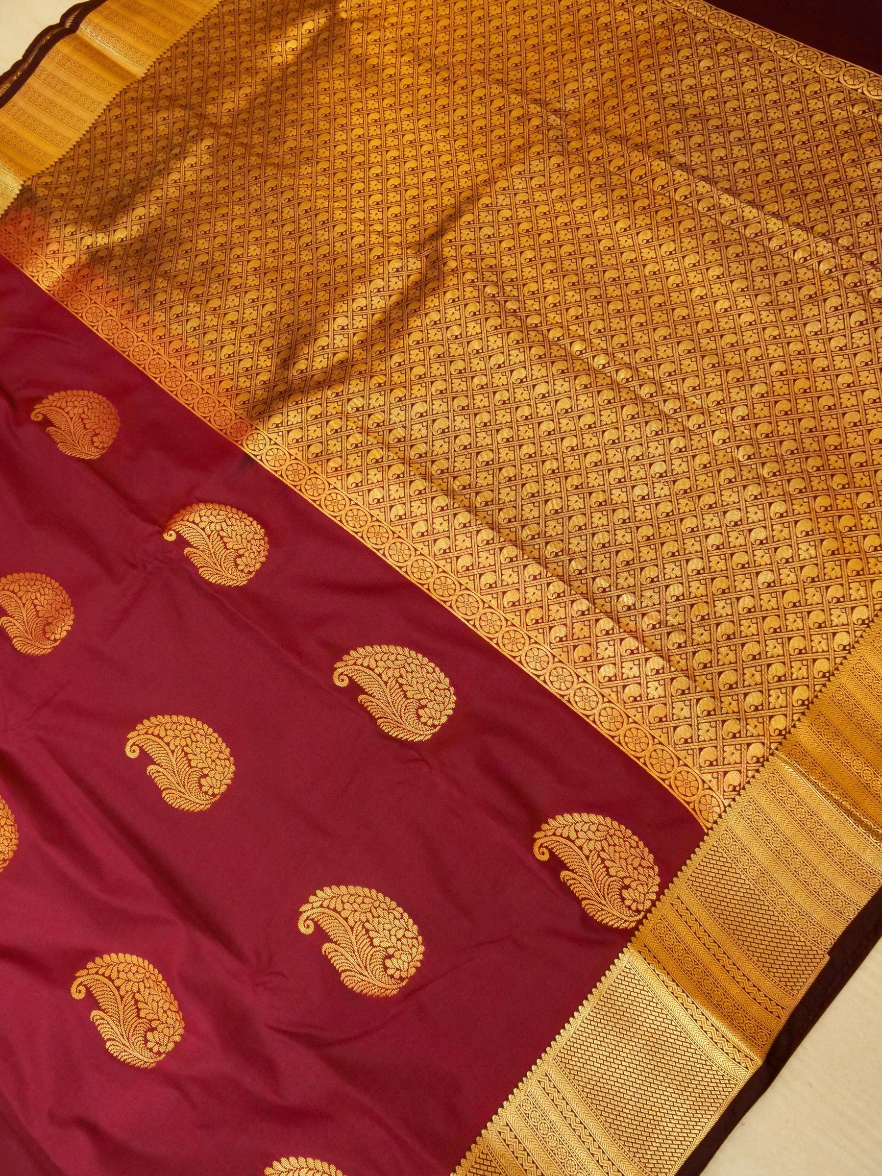 Devi - Burgundy Kanjivaram Silk Saree with Korvai Border