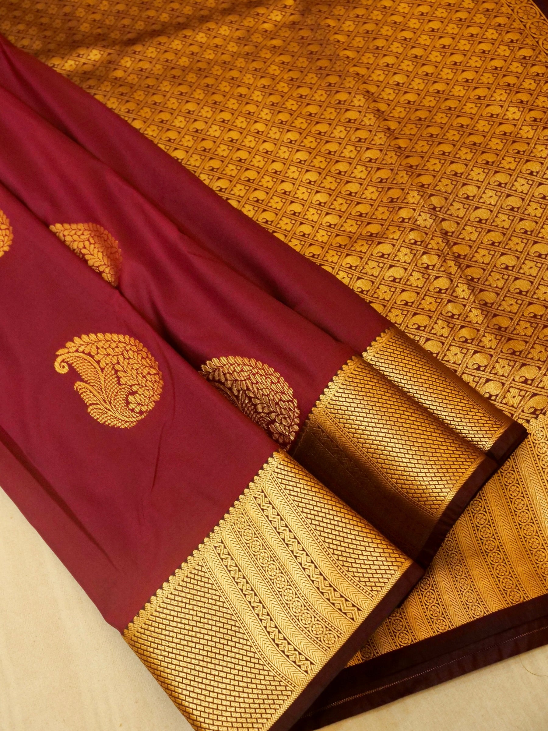 Devi - Burgundy Kanjivaram Silk Saree with Korvai Border
