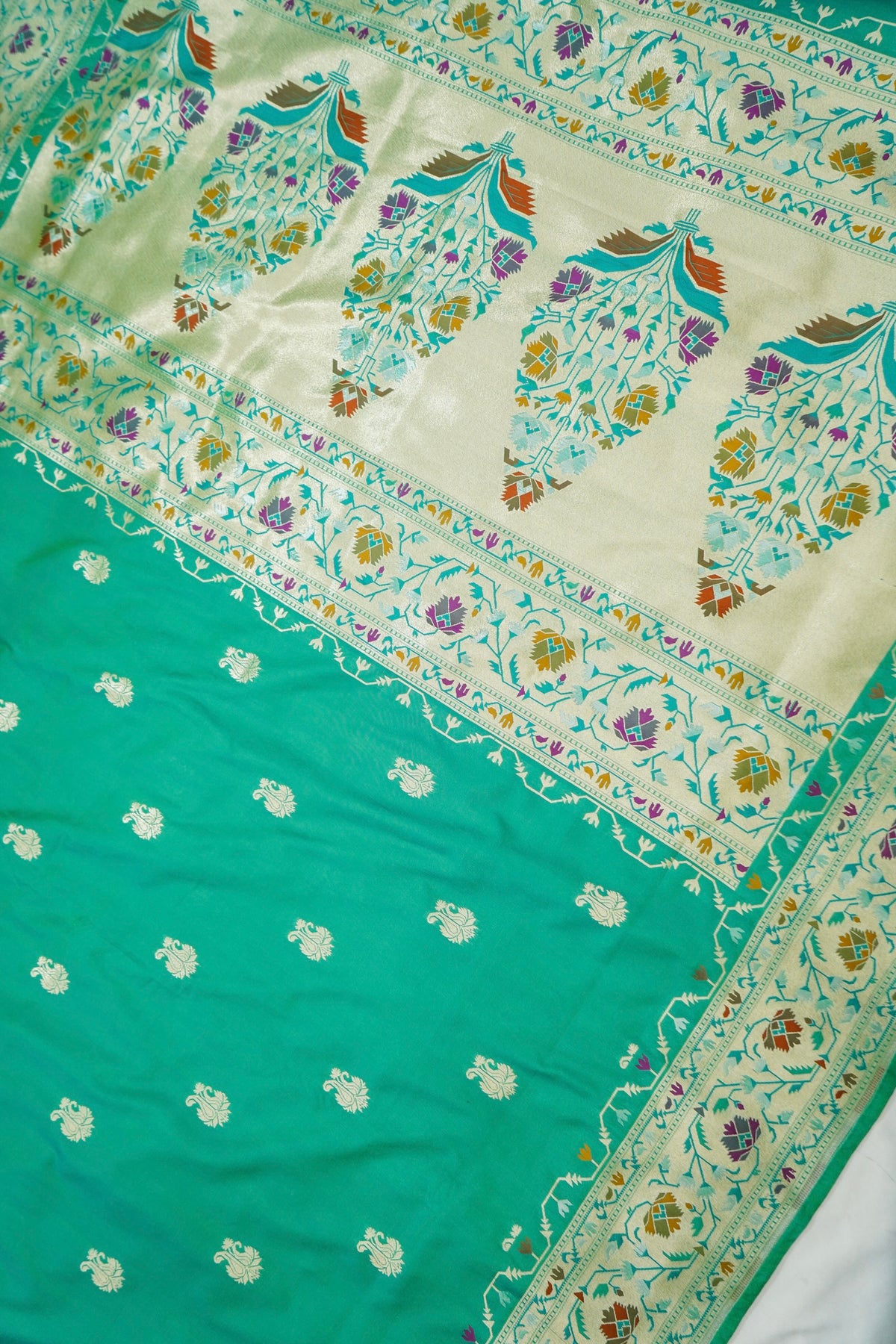 Peshavi - Turquoise Green Paithani Silk Saree with Stitched Blouse