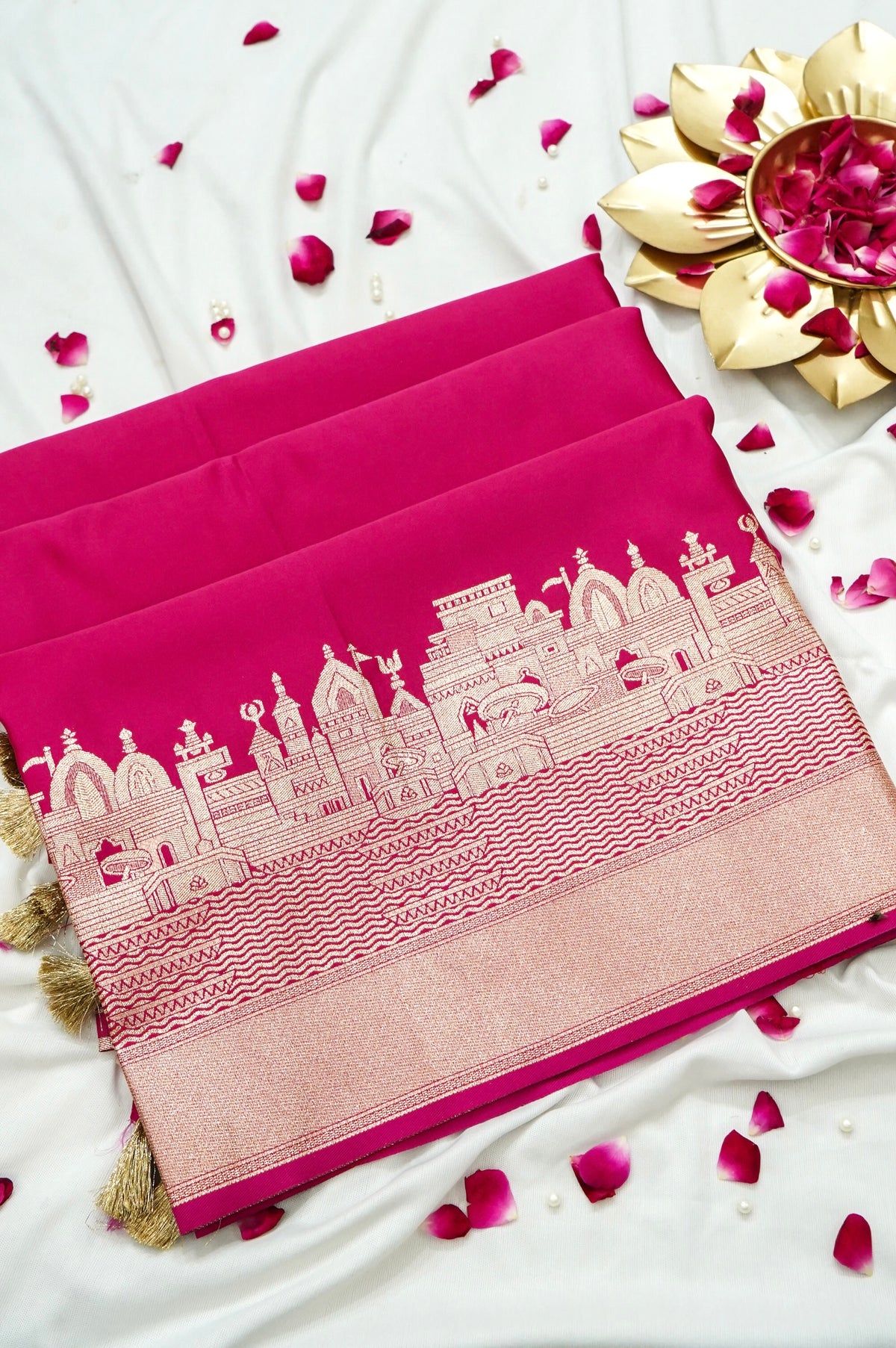 Rihar - Pastel Fuchsia Ghat Border Banarasi Silk Saree with Stitched Blouse
