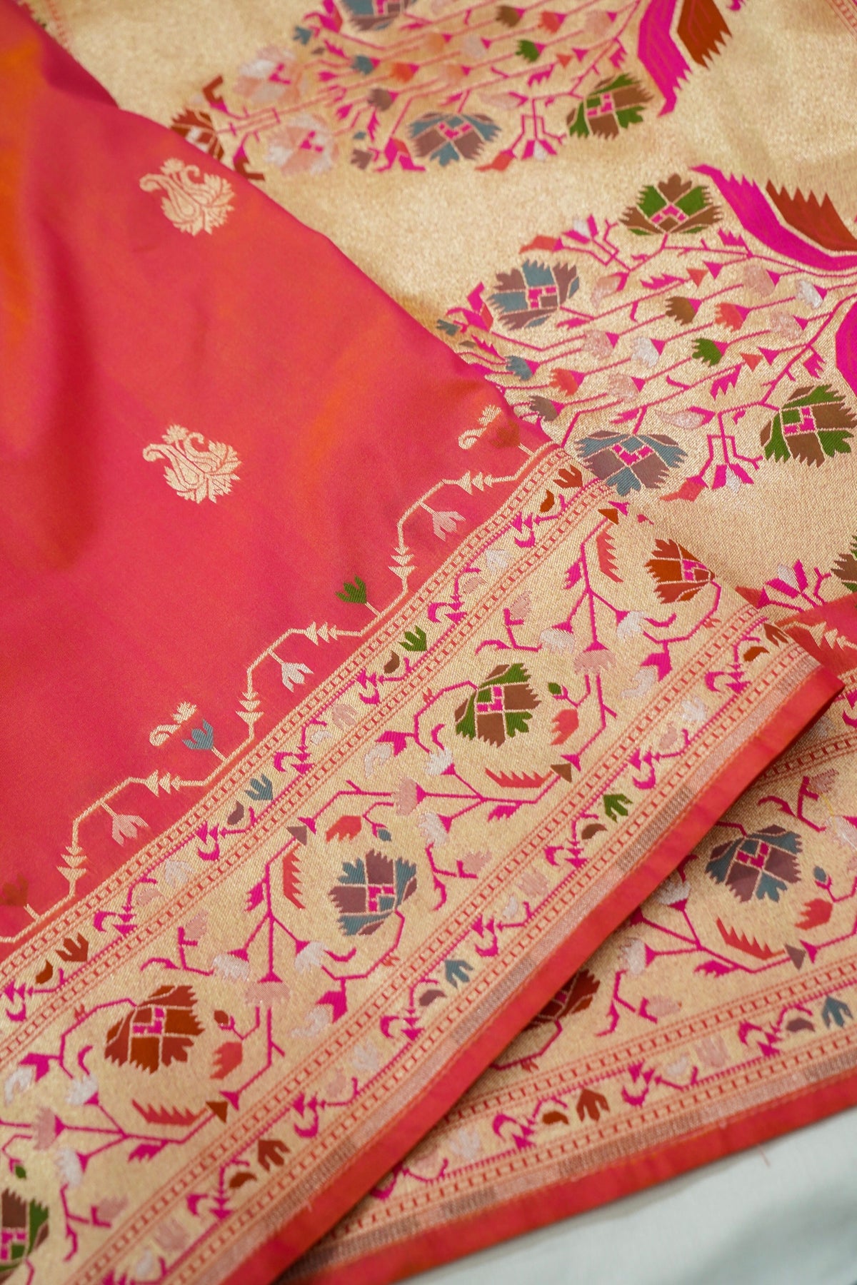 Peshavi - Peachish Orange Paithani Silk Saree with Stitched Blouse