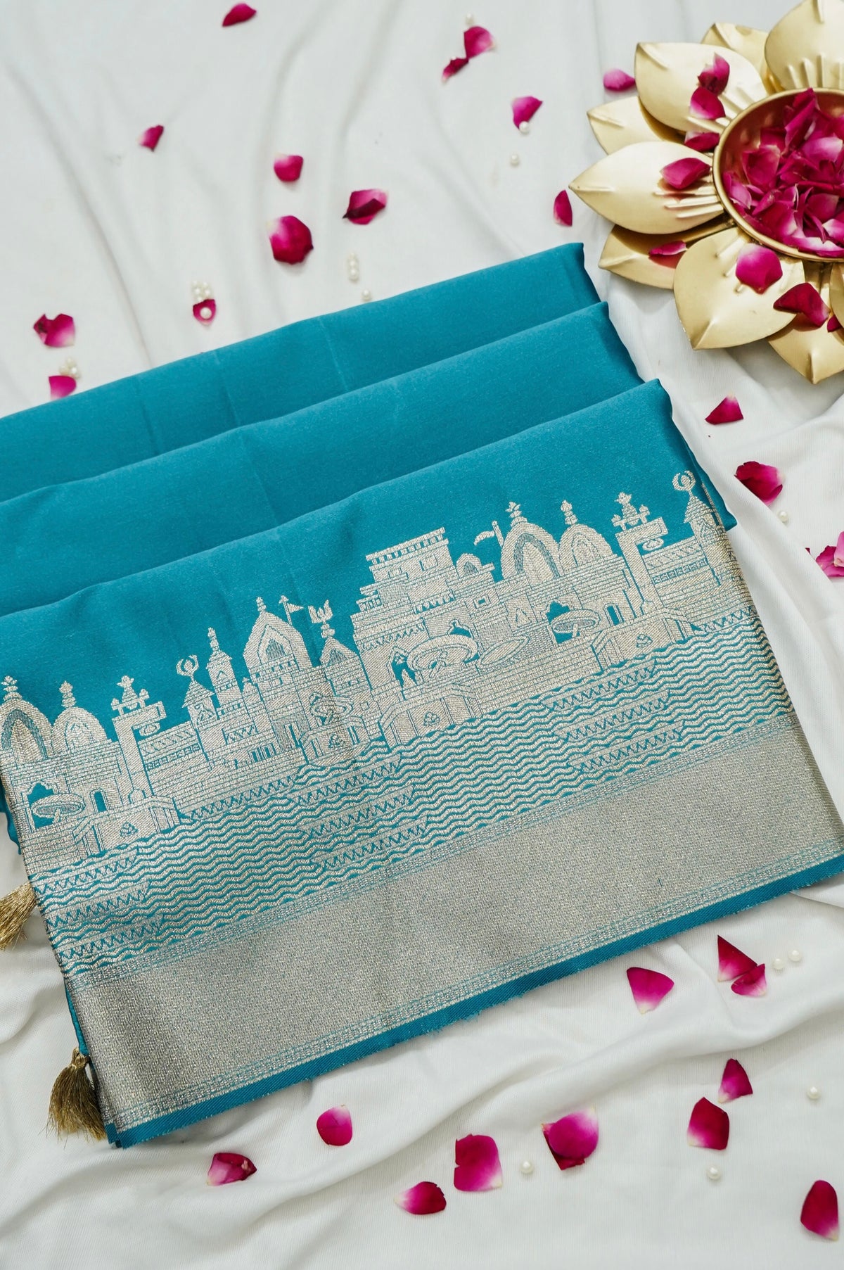 Rihar - Pastel Teal Ghat Border Banarasi Silk Saree with Stitched Blouse