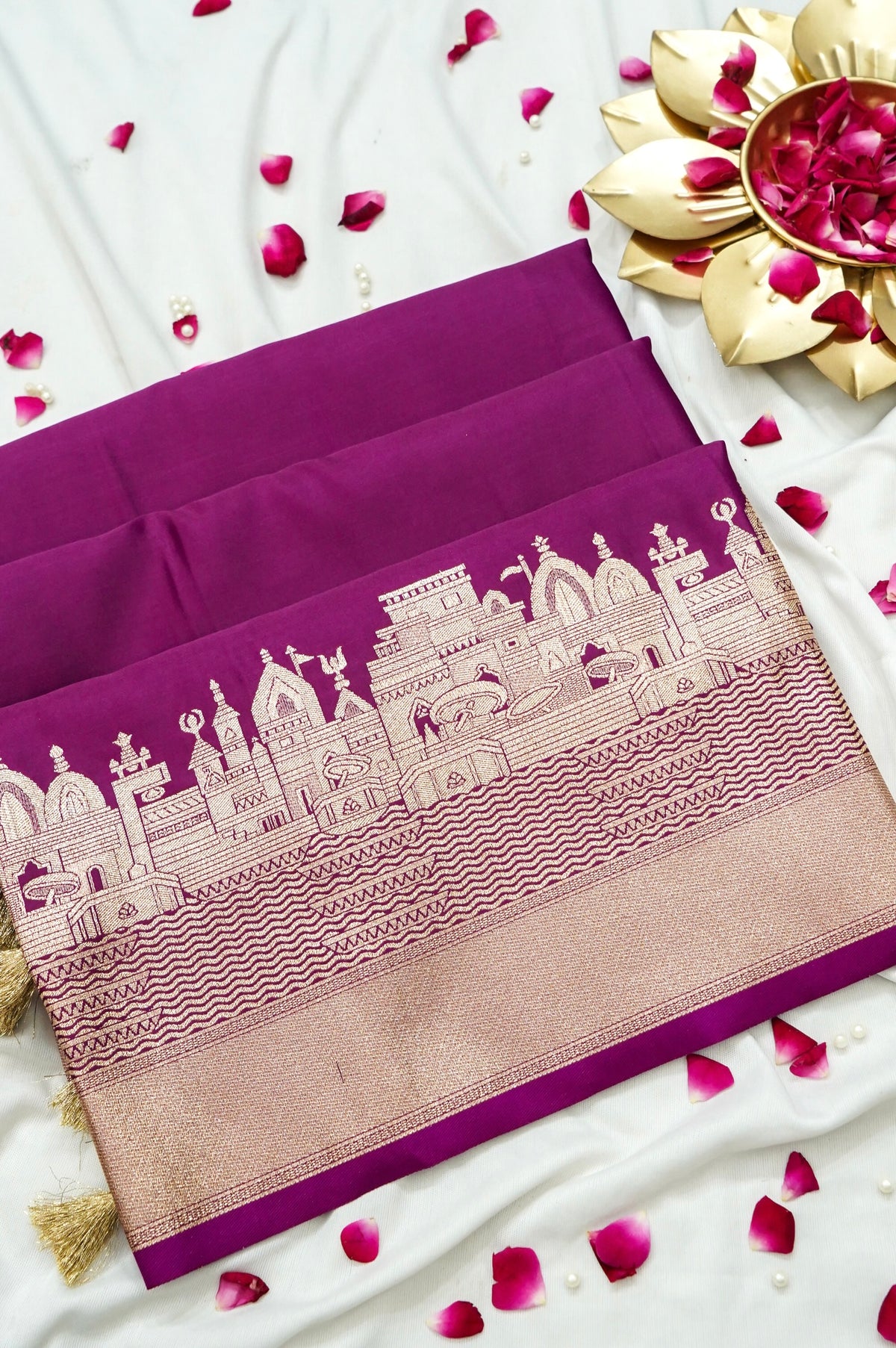 Rihar - Pastel Wine Ghat Border Banarasi Silk Saree with Stitched Blouse