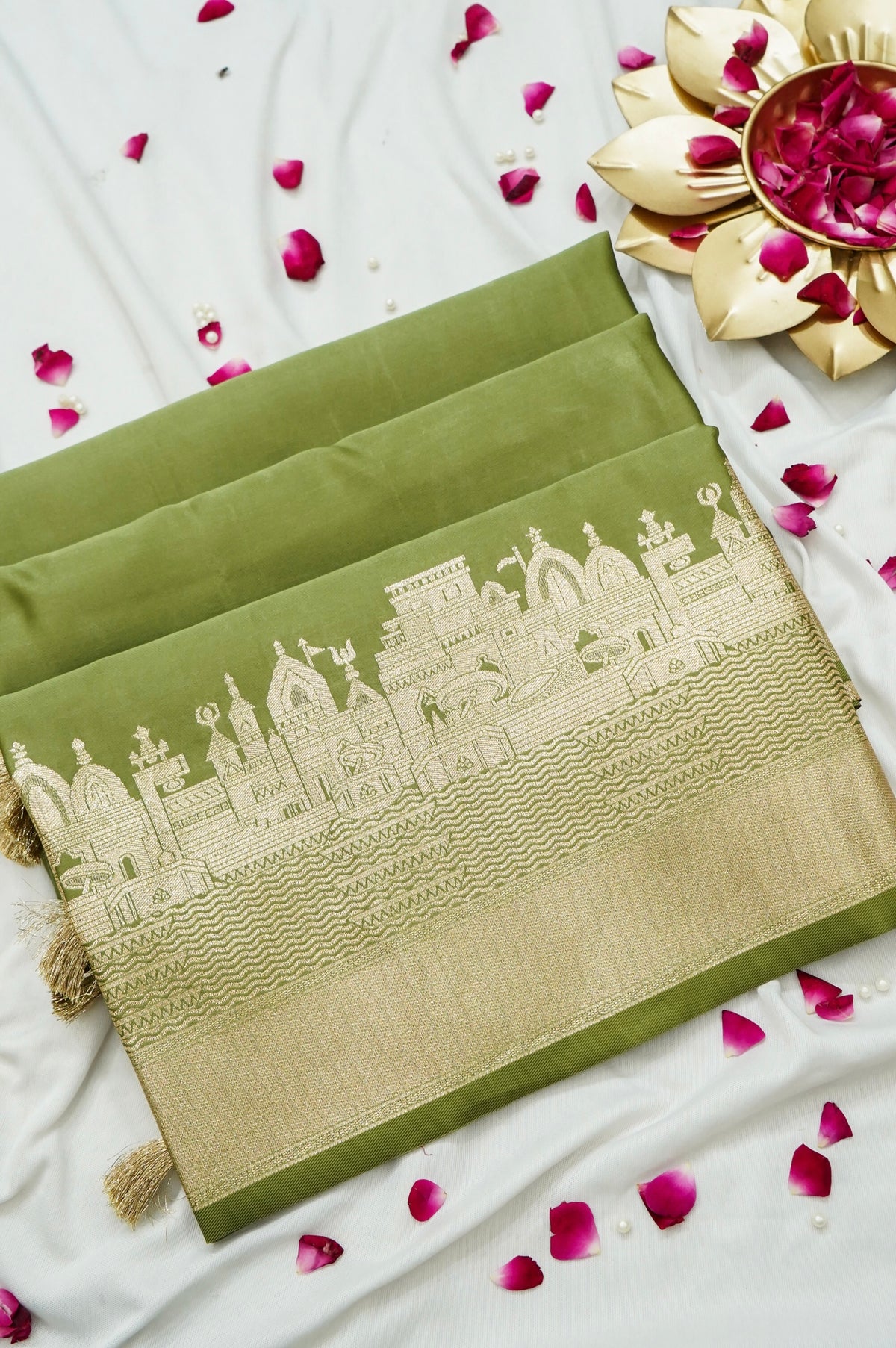 Rihar - Pastel Green Ghat Border Banarasi Silk Saree with Stitched Blouse