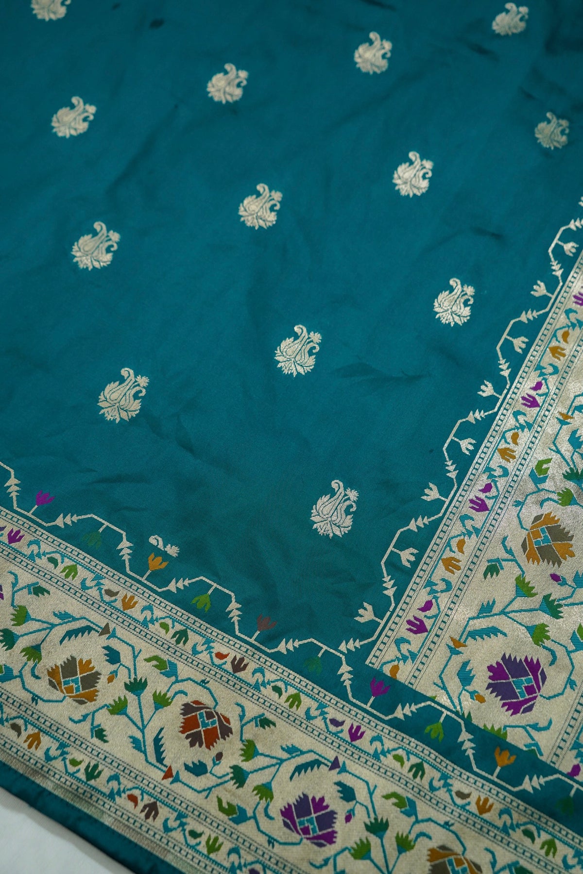 Peshavi - Teal Blue Paithani Silk Saree with Stitched Blouse