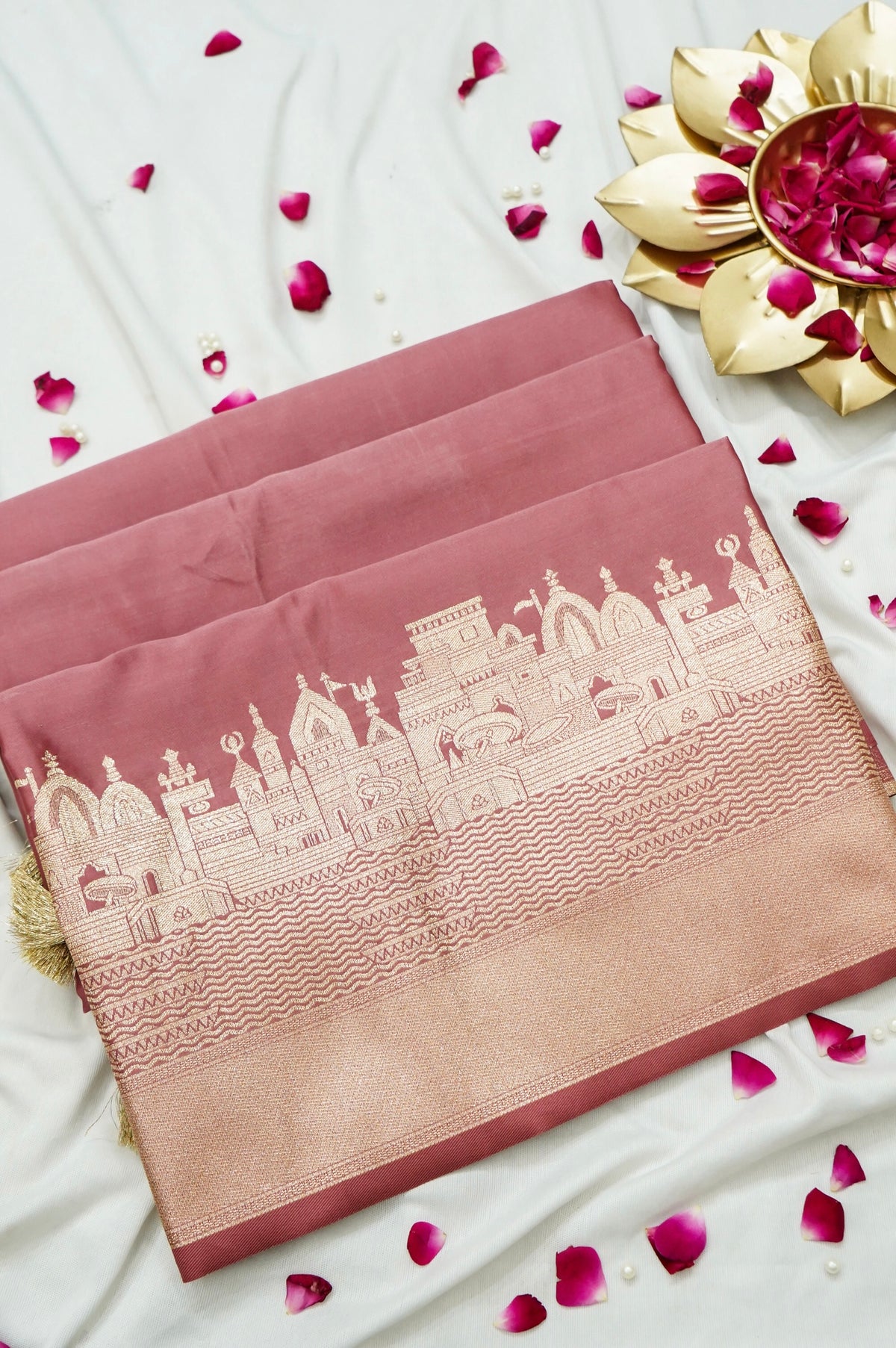 Rihar - Pastel Pink Ghat Border Banarasi Silk Saree with Stitched Blouse