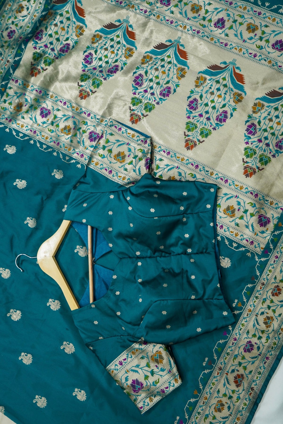 Peshavi - Teal Blue Paithani Silk Saree with Stitched Blouse