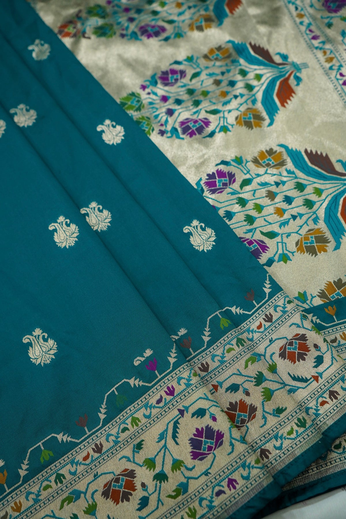 Peshavi - Teal Blue Paithani Silk Saree with Stitched Blouse