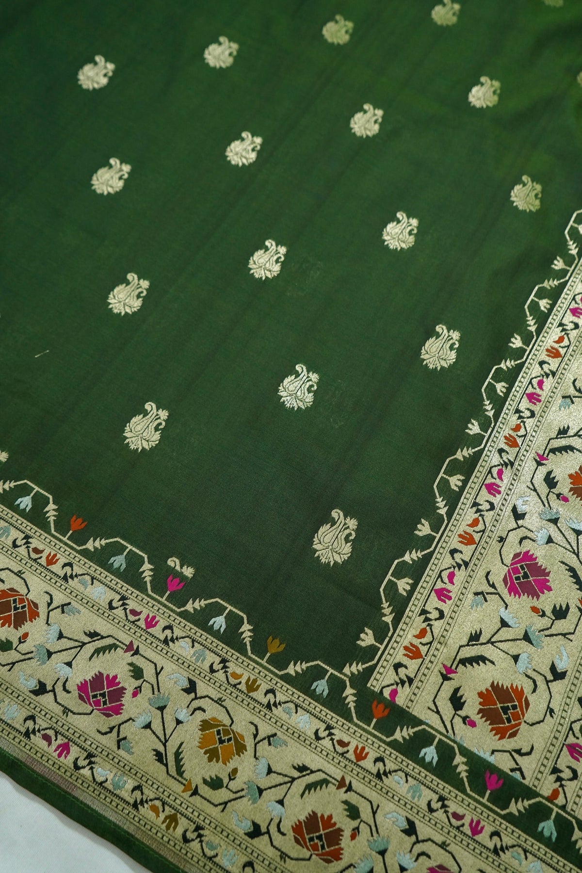 Peshavi - Forest Green Paithani Silk Saree with Stitched Blouse