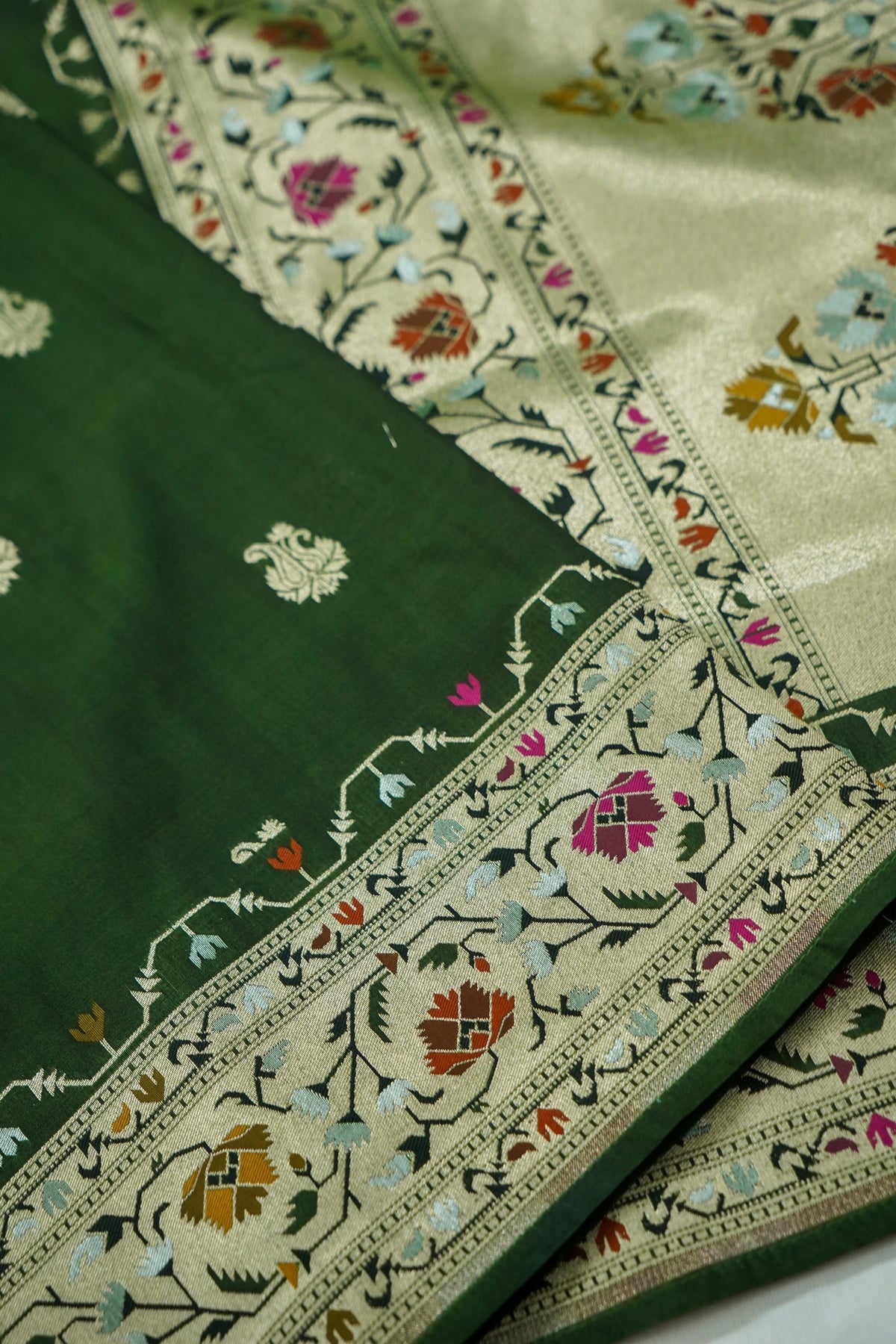 Peshavi - Forest Green Paithani Silk Saree with Stitched Blouse