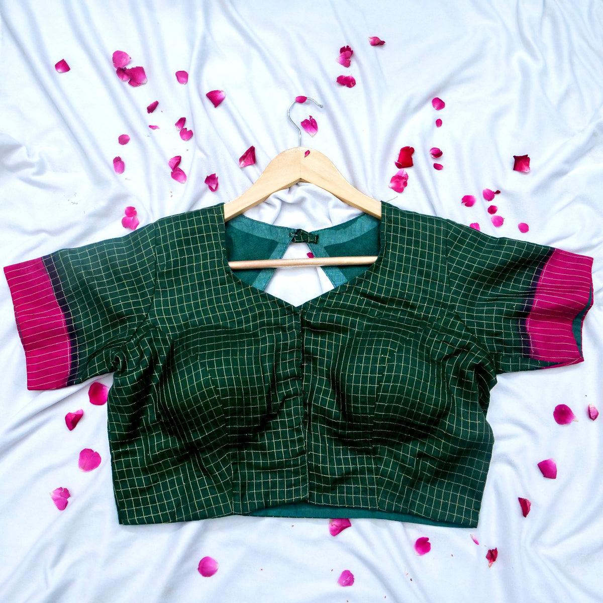 Bottle Green Banarasi Dola Silk Saree with Magenta Border and Stitched Blouse