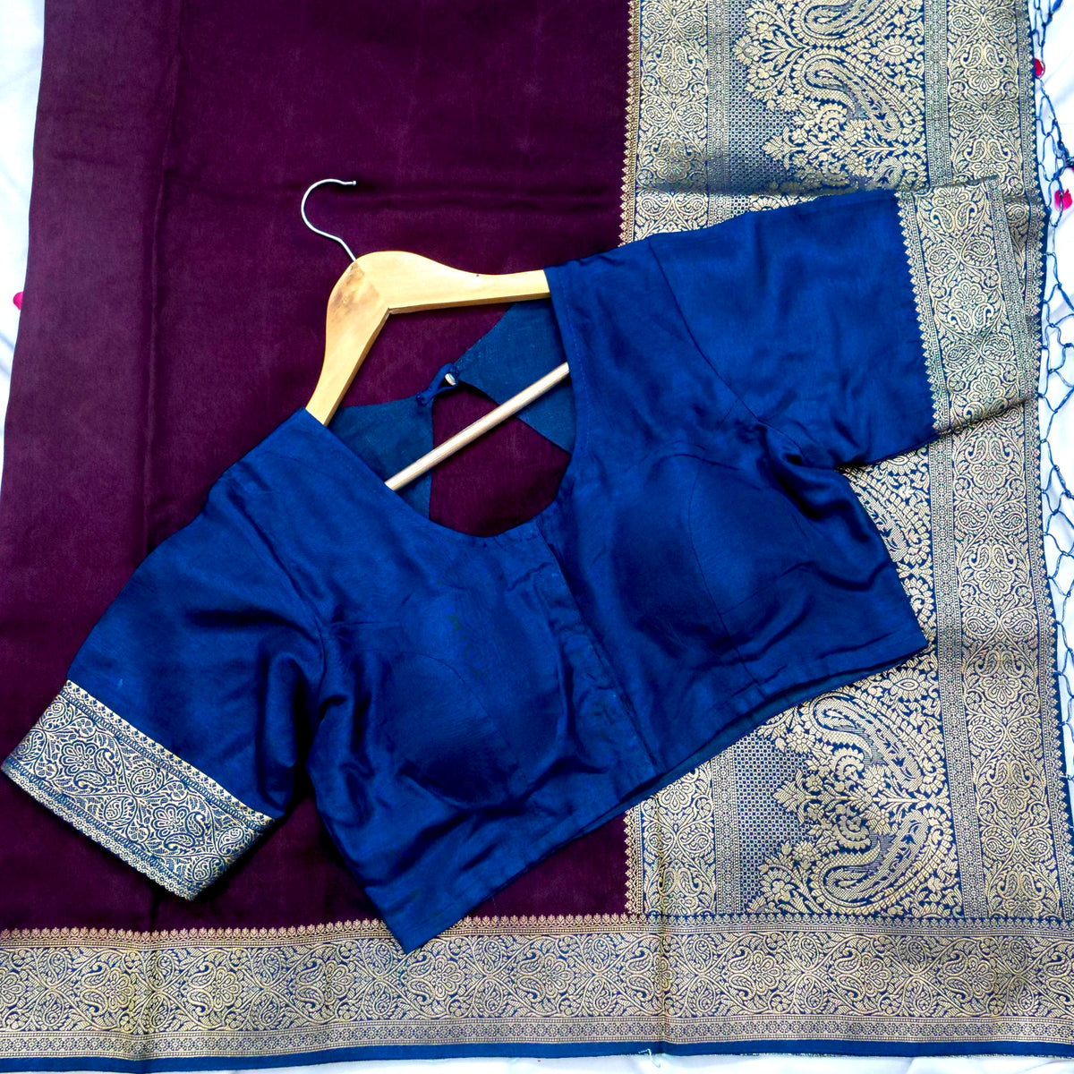 Wine Purple Banarasi Dola Silk Saree with Gold Border and Stitched Blouse