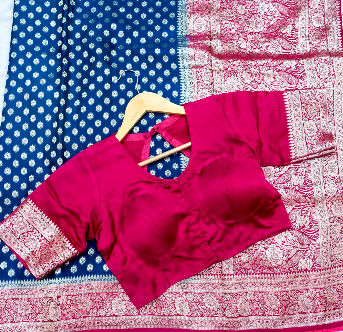 Teal Blue Banarasi Dola Silk Saree with Stitched Blouse
