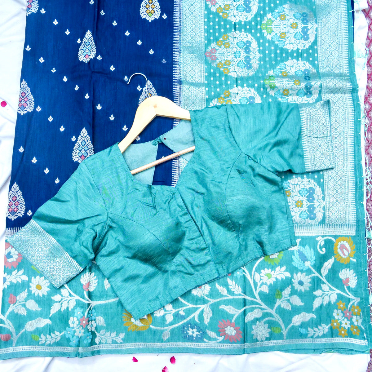 Navy Blue Raw Silk Saree with Floral Teal Green Border