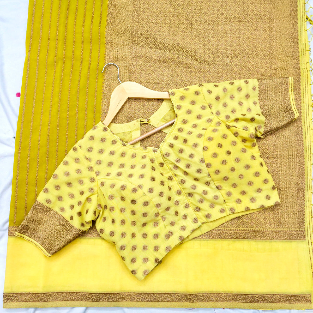 Regal Stripes Chinon Silk Saree with Stitched Blouse in Mustard Yellow