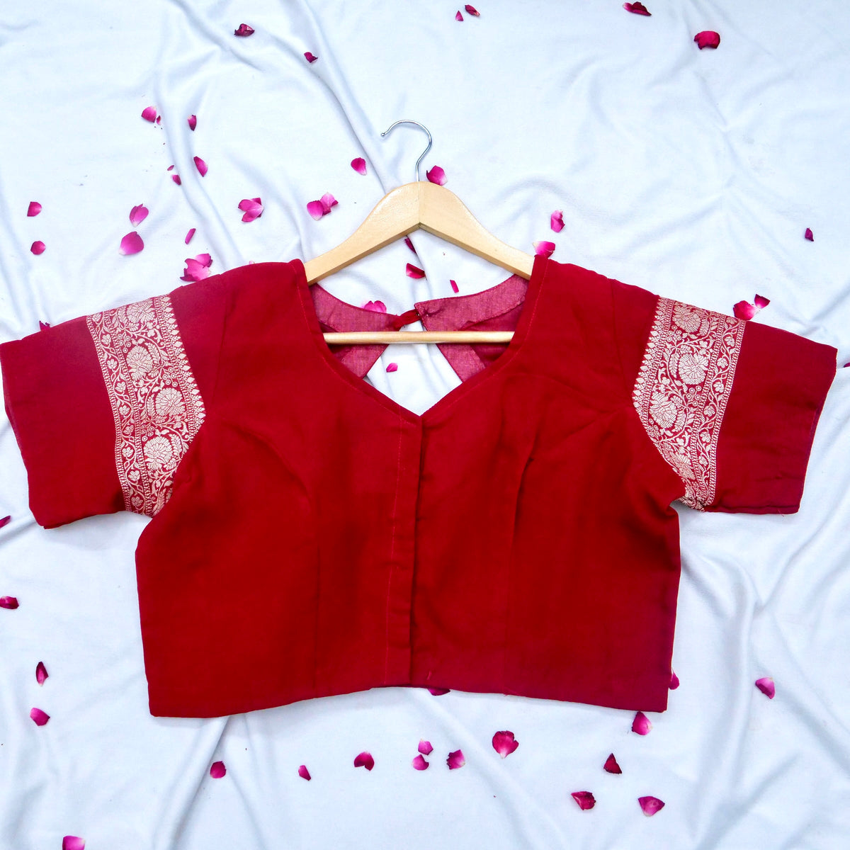 Classic Red Chinon Silk Saree with Multicolor Floral Border and Stitched Blouse