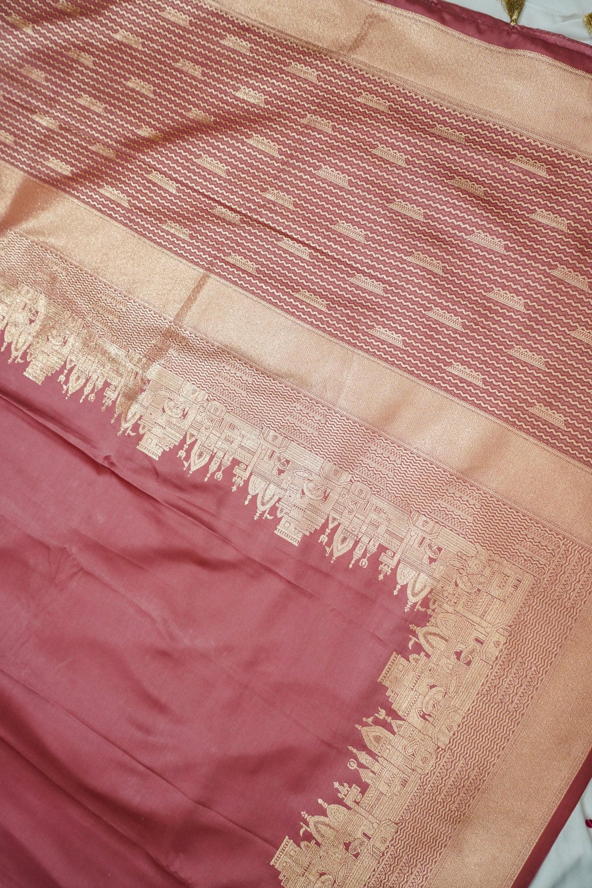 Rihar - Pastel Pink Ghat Border Banarasi Silk Saree with Stitched Blouse