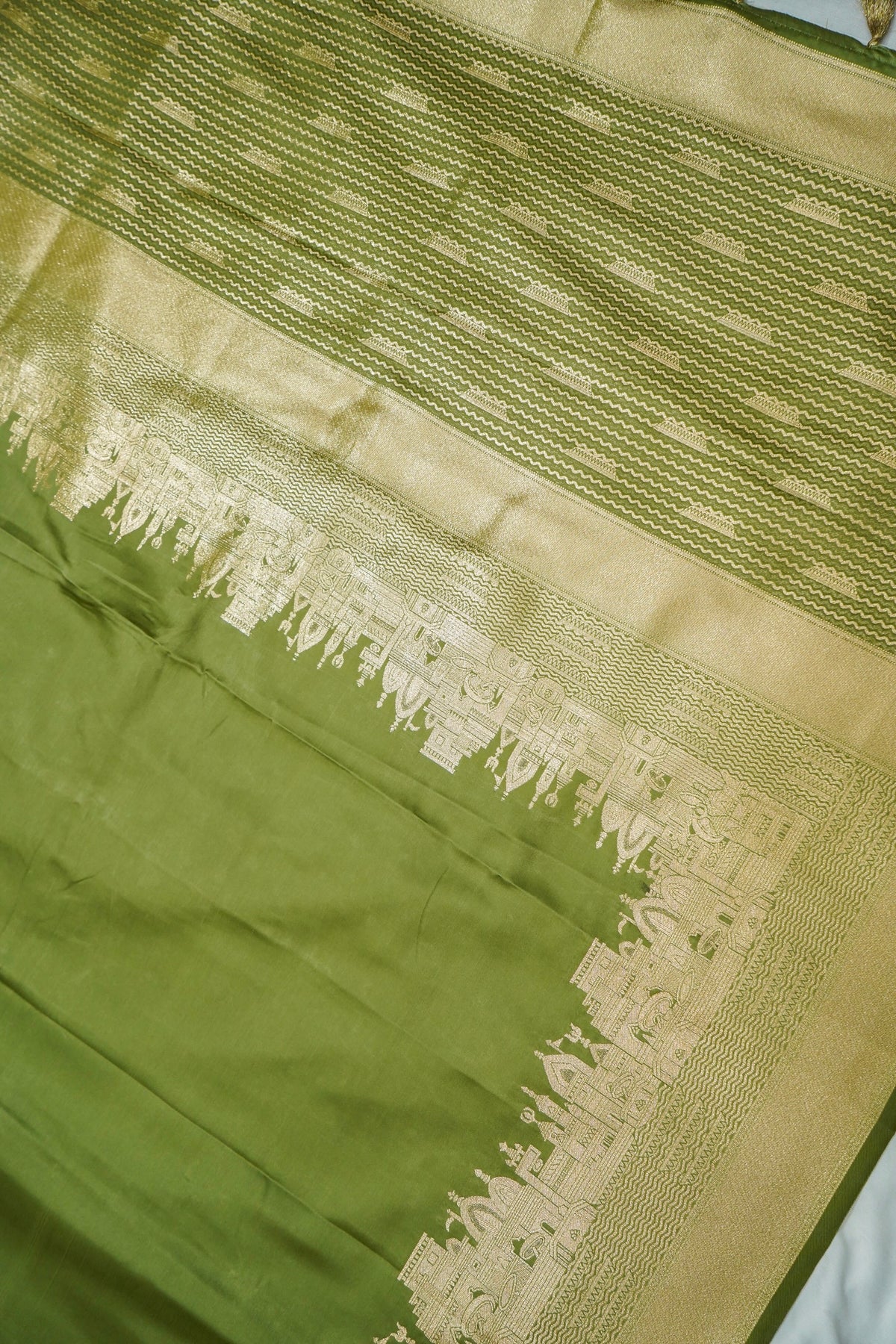Rihar - Pastel Green Ghat Border Banarasi Silk Saree with Stitched Blouse