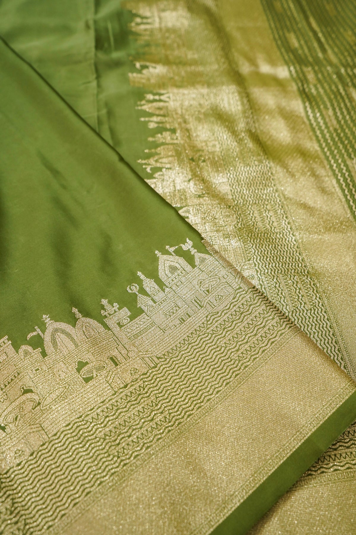 Rihar - Pastel Green Ghat Border Banarasi Silk Saree with Stitched Blouse