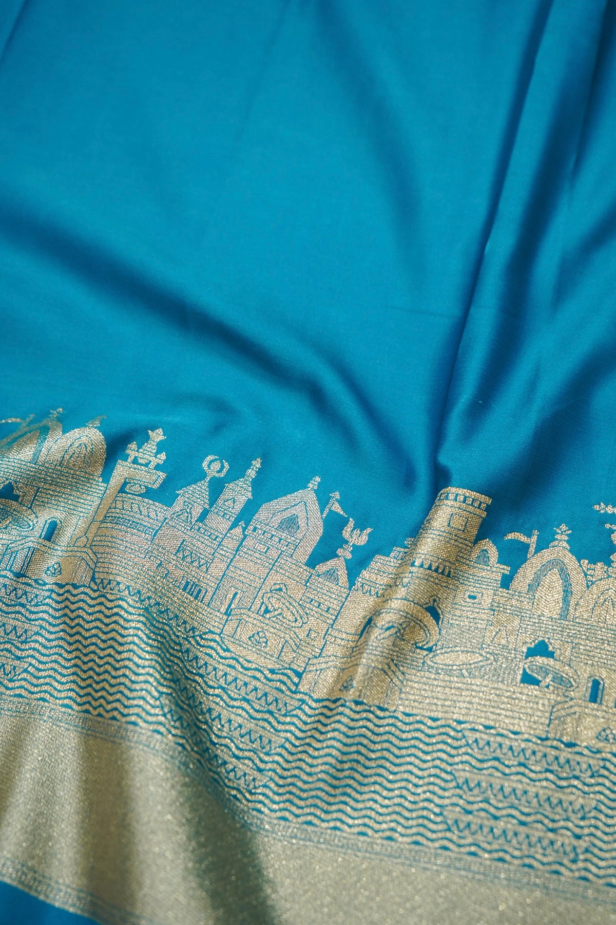 Rihar - Pastel Blue Ghat Border Banarasi Silk Saree with Stitched Blouse