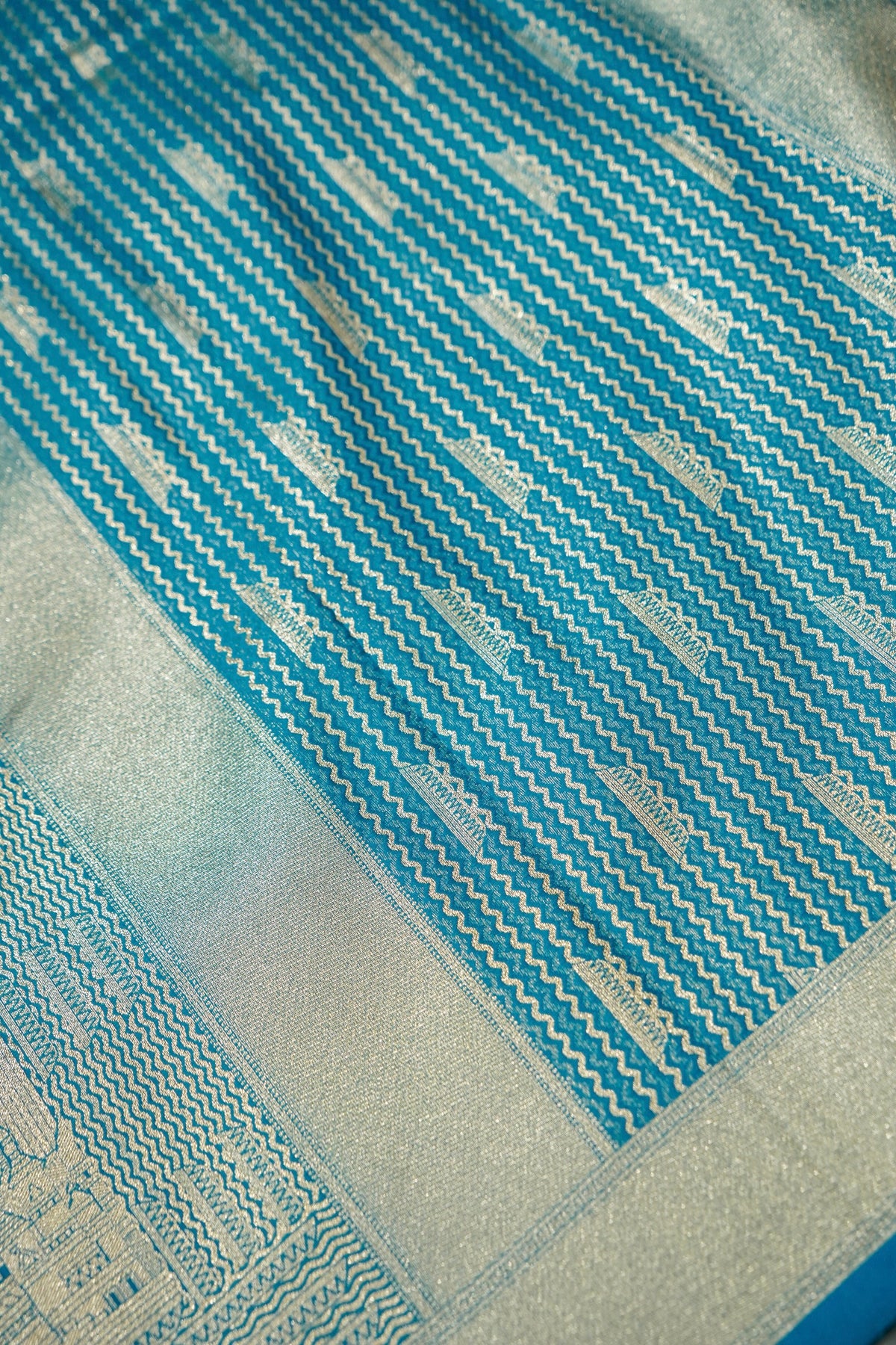 Rihar - Pastel Blue Ghat Border Banarasi Silk Saree with Stitched Blouse