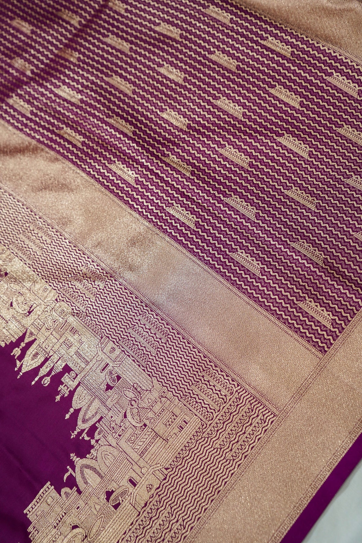 Rihar - Pastel Wine Ghat Border Banarasi Silk Saree with Stitched Blouse