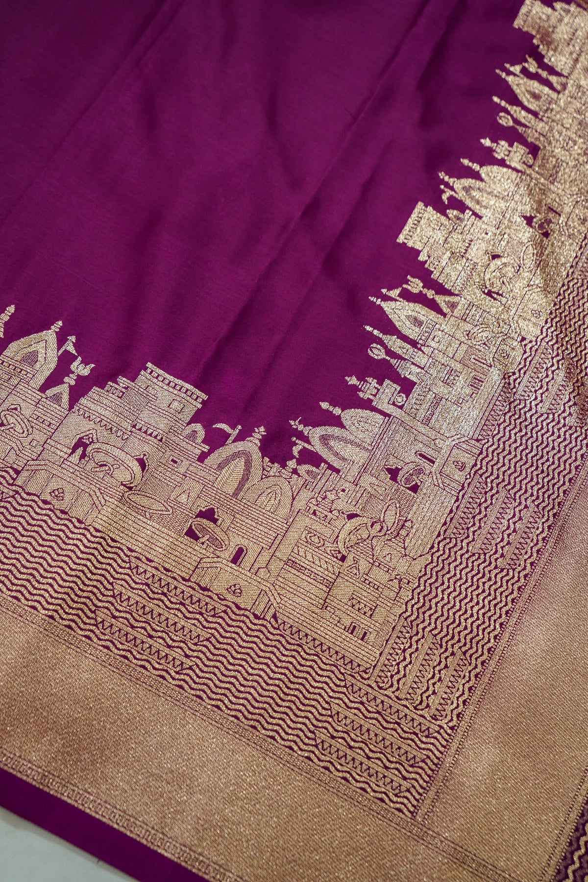 Rihar - Pastel Wine Ghat Border Banarasi Silk Saree with Stitched Blouse