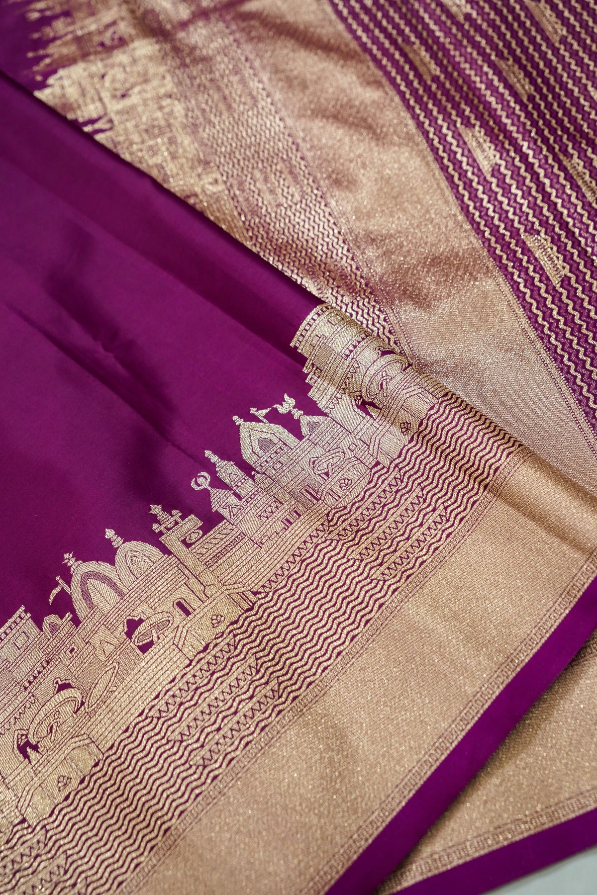 Rihar - Pastel Wine Ghat Border Banarasi Silk Saree with Stitched Blouse