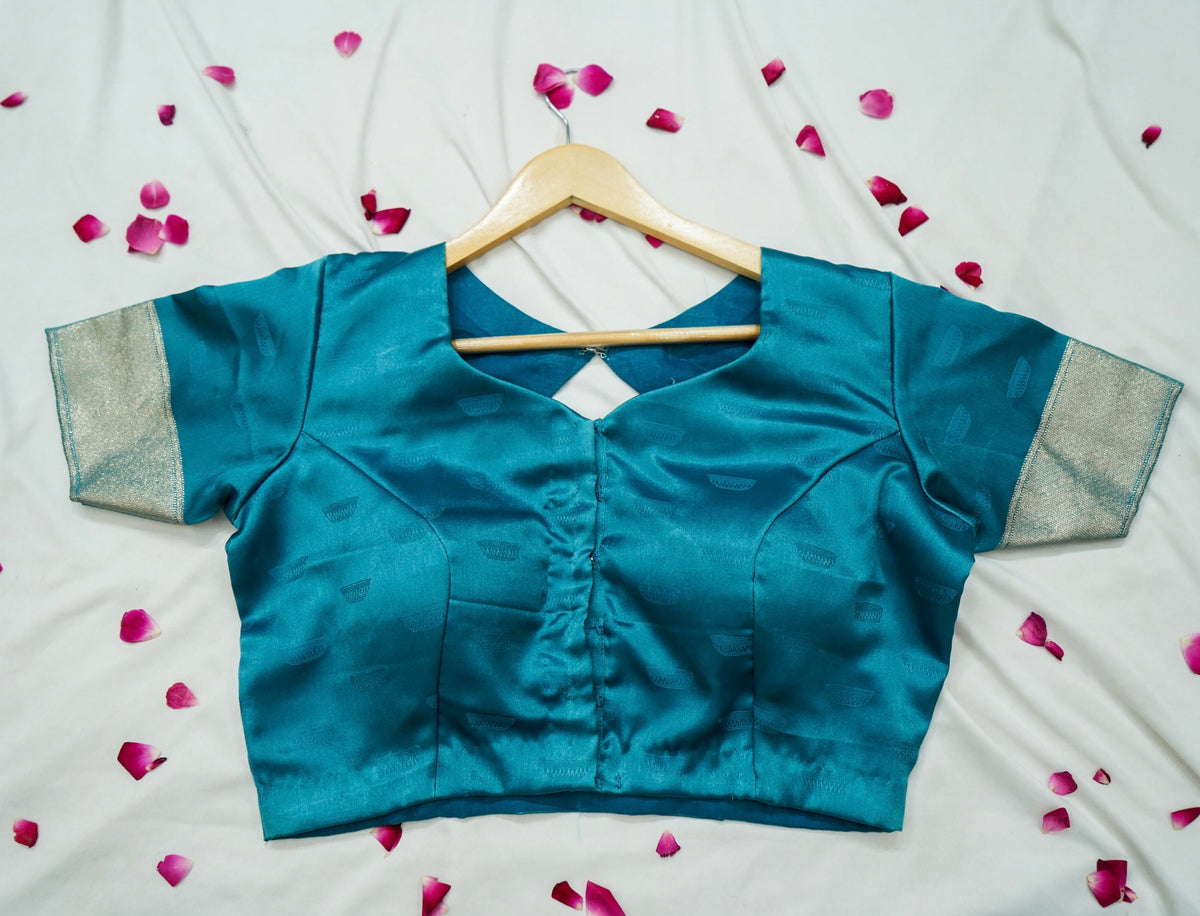 Rihar - Pastel Teal Ghat Border Banarasi Silk Saree with Stitched Blouse