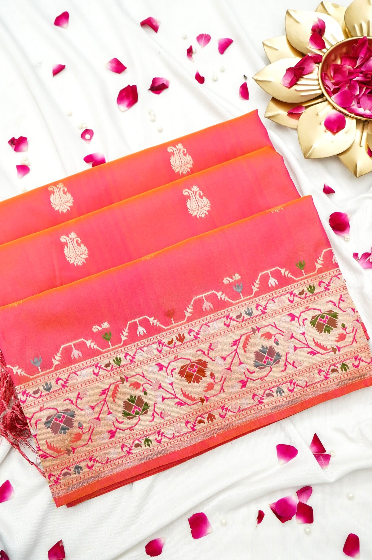 Peshavi - Peachish Orange Paithani Silk Saree with Stitched Blouse