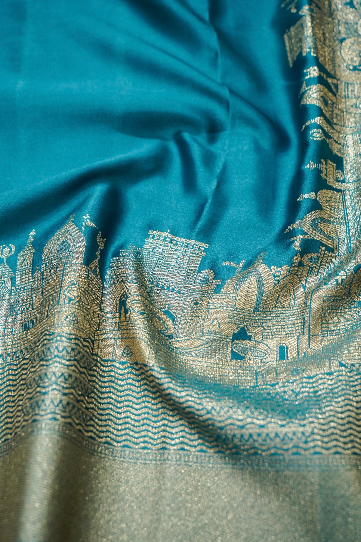 Rihar - Pastel Teal Ghat Border Banarasi Silk Saree with Stitched Blouse