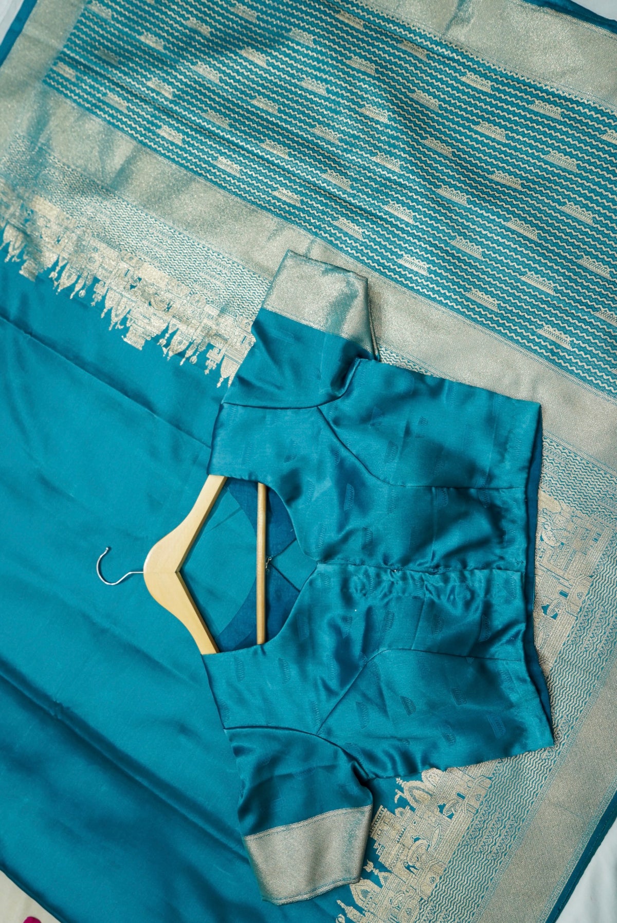 Rihar - Pastel Teal Ghat Border Banarasi Silk Saree with Stitched Blouse