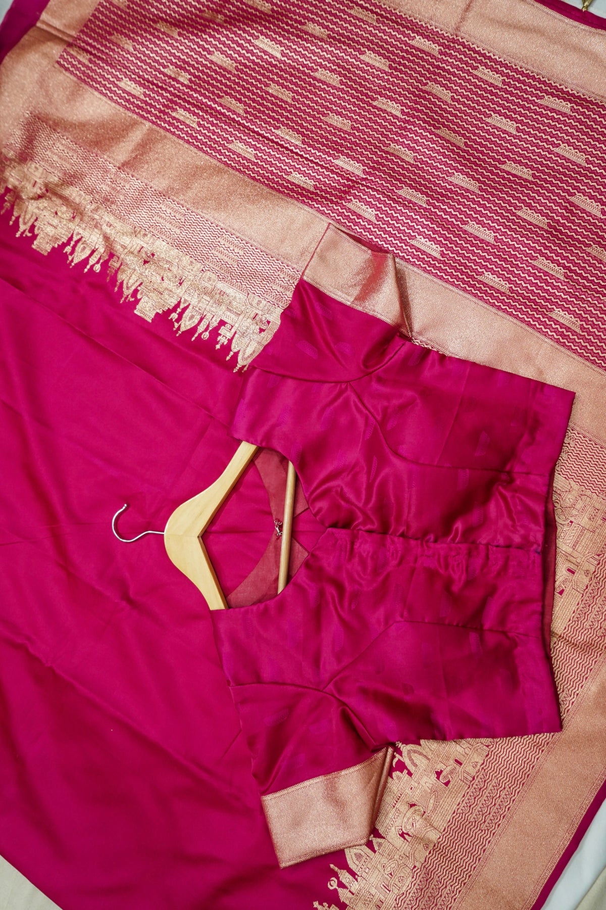 Rihar - Pastel Fuchsia Ghat Border Banarasi Silk Saree with Stitched Blouse