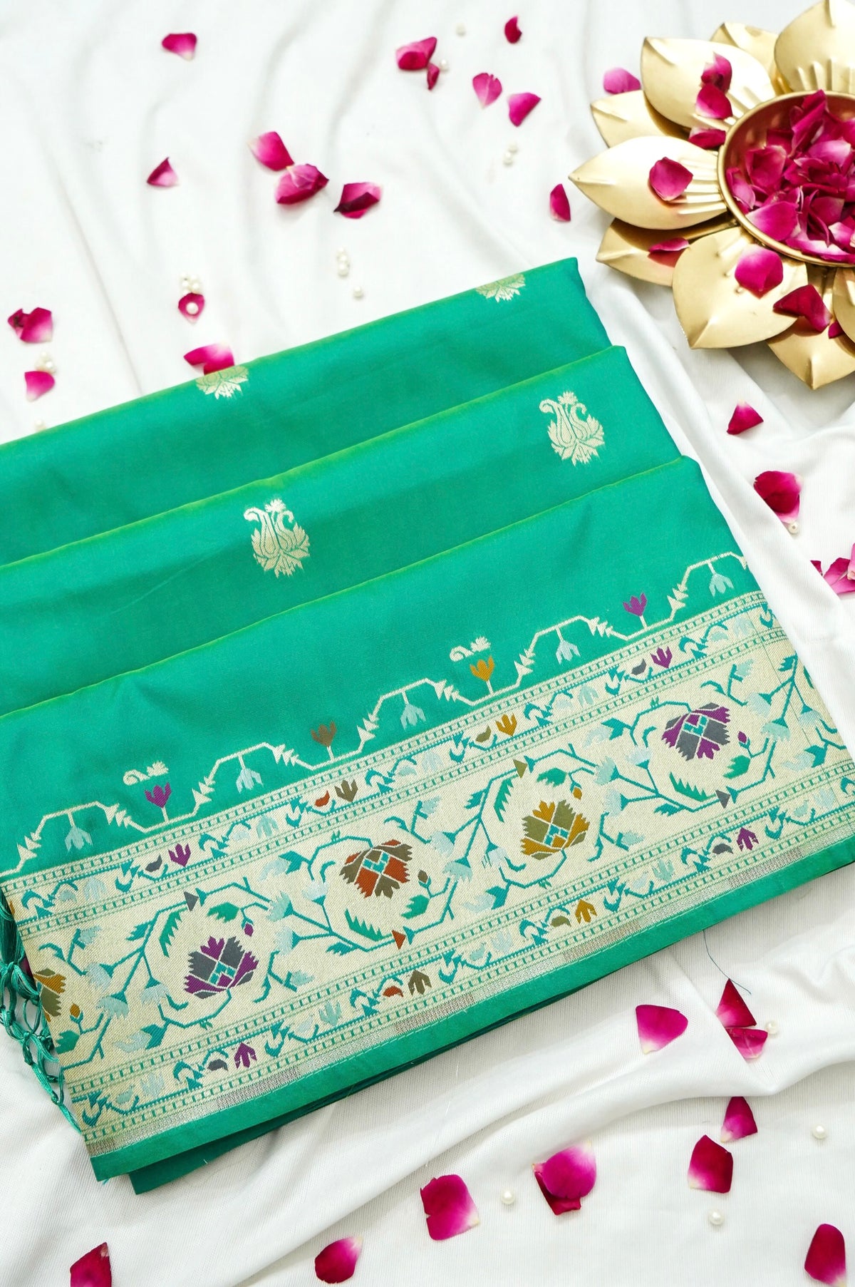 Peshavi - Turquoise Green Paithani Silk Saree with Stitched Blouse