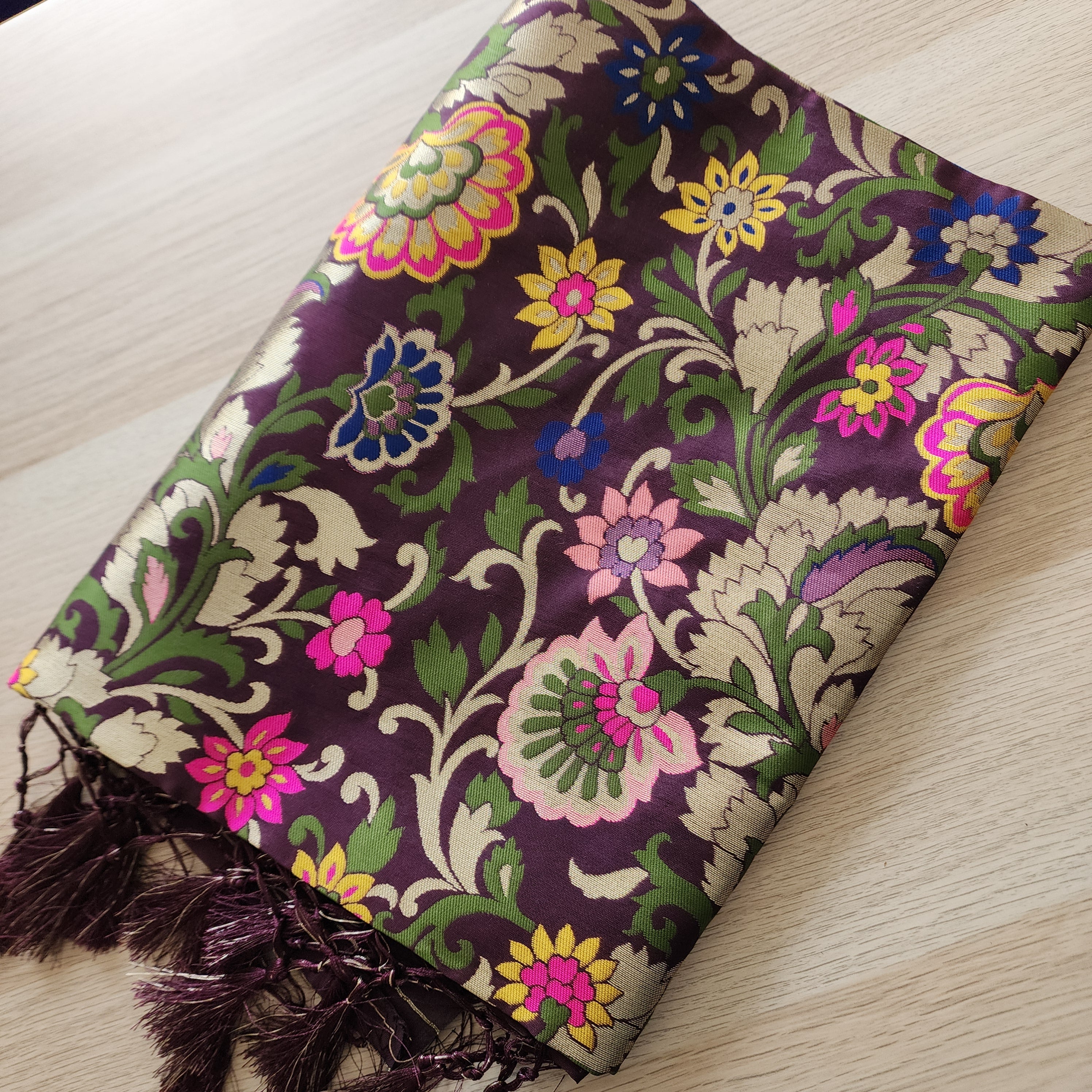 Banarasi Silk Dark Wine Dupatta with Multicolor & Gold Floral Handweaving