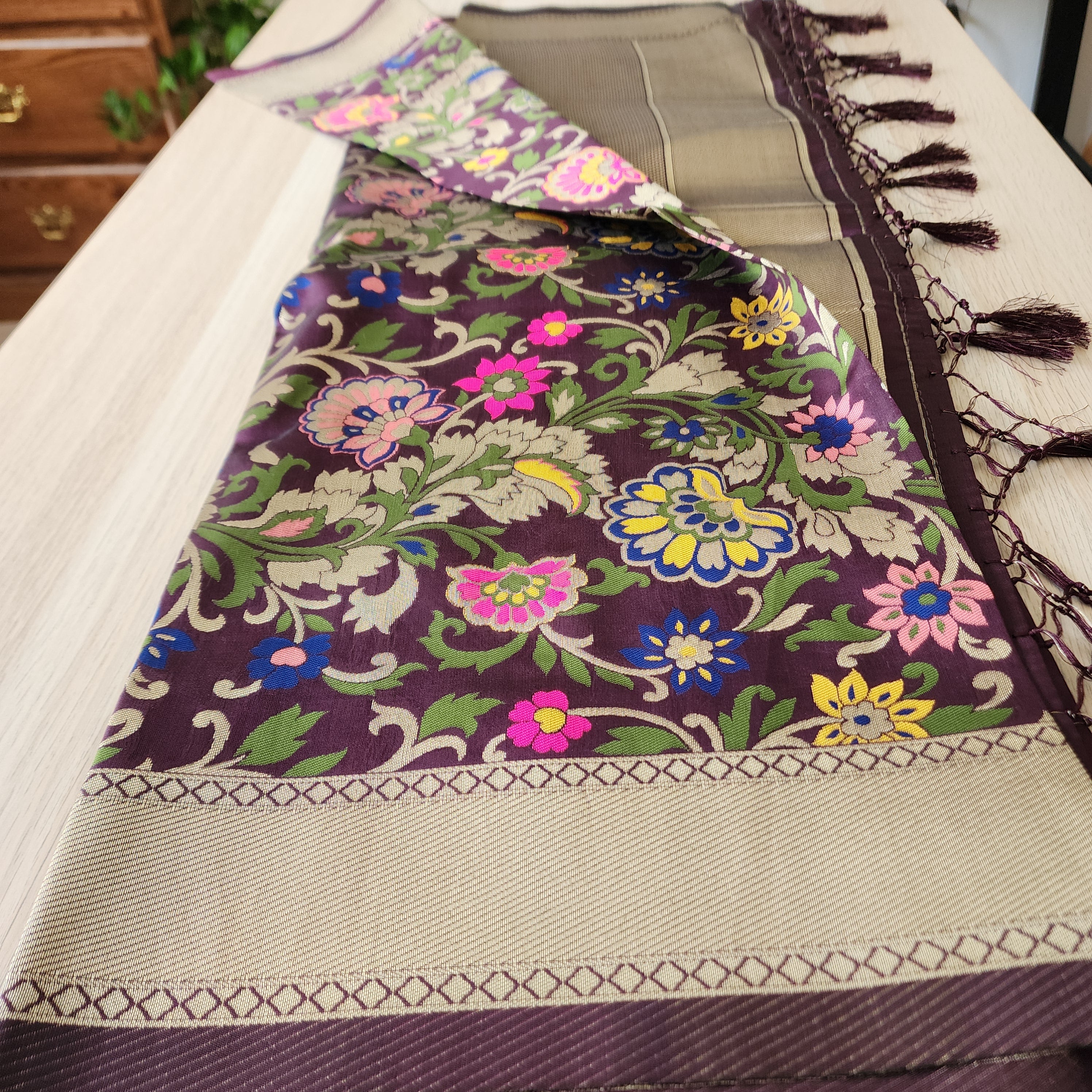Banarasi Dark Wine Dupatta with multicolor handweaving