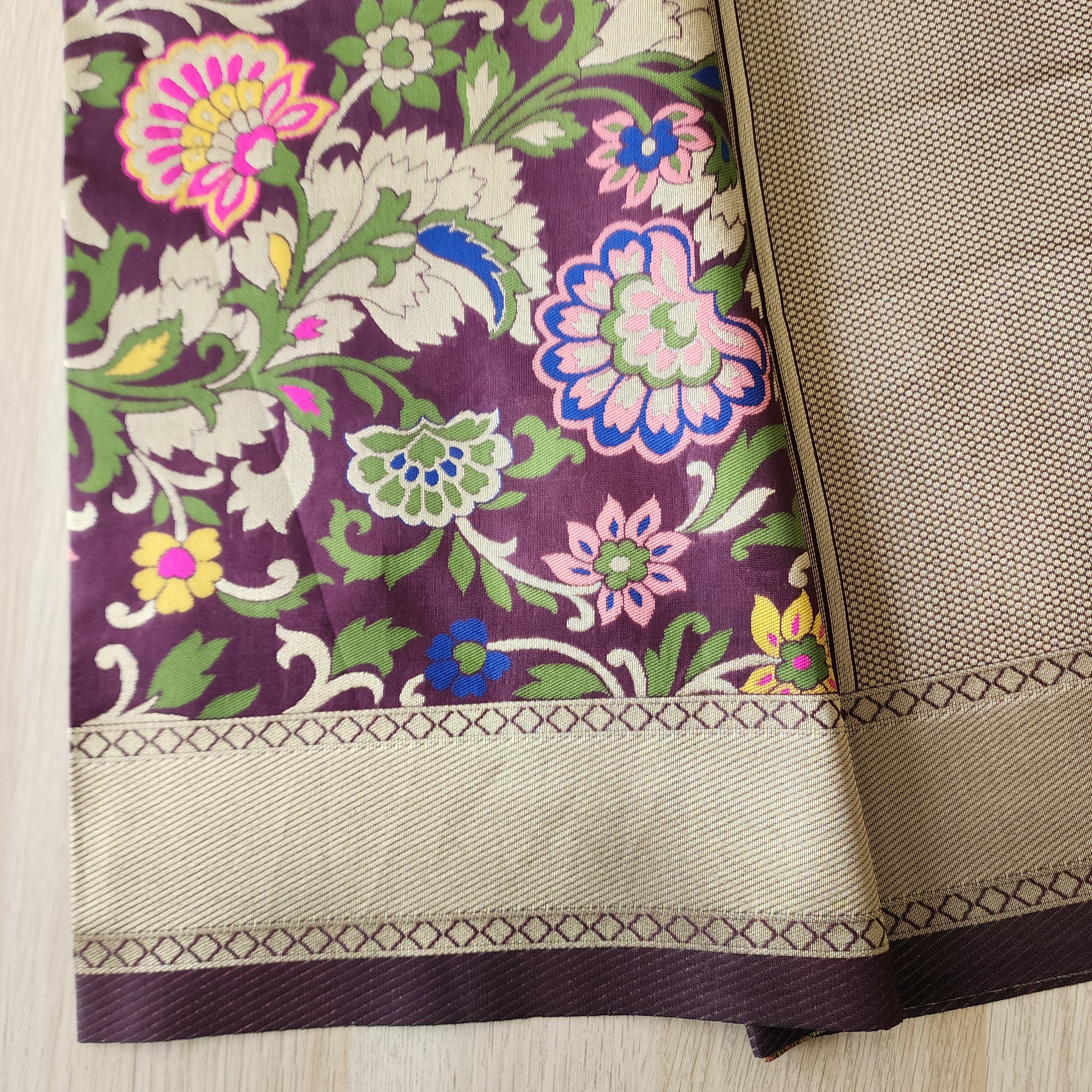 Banarasi Silk Dark Wine Dupatta with Multicolor & Gold Floral Handweaving