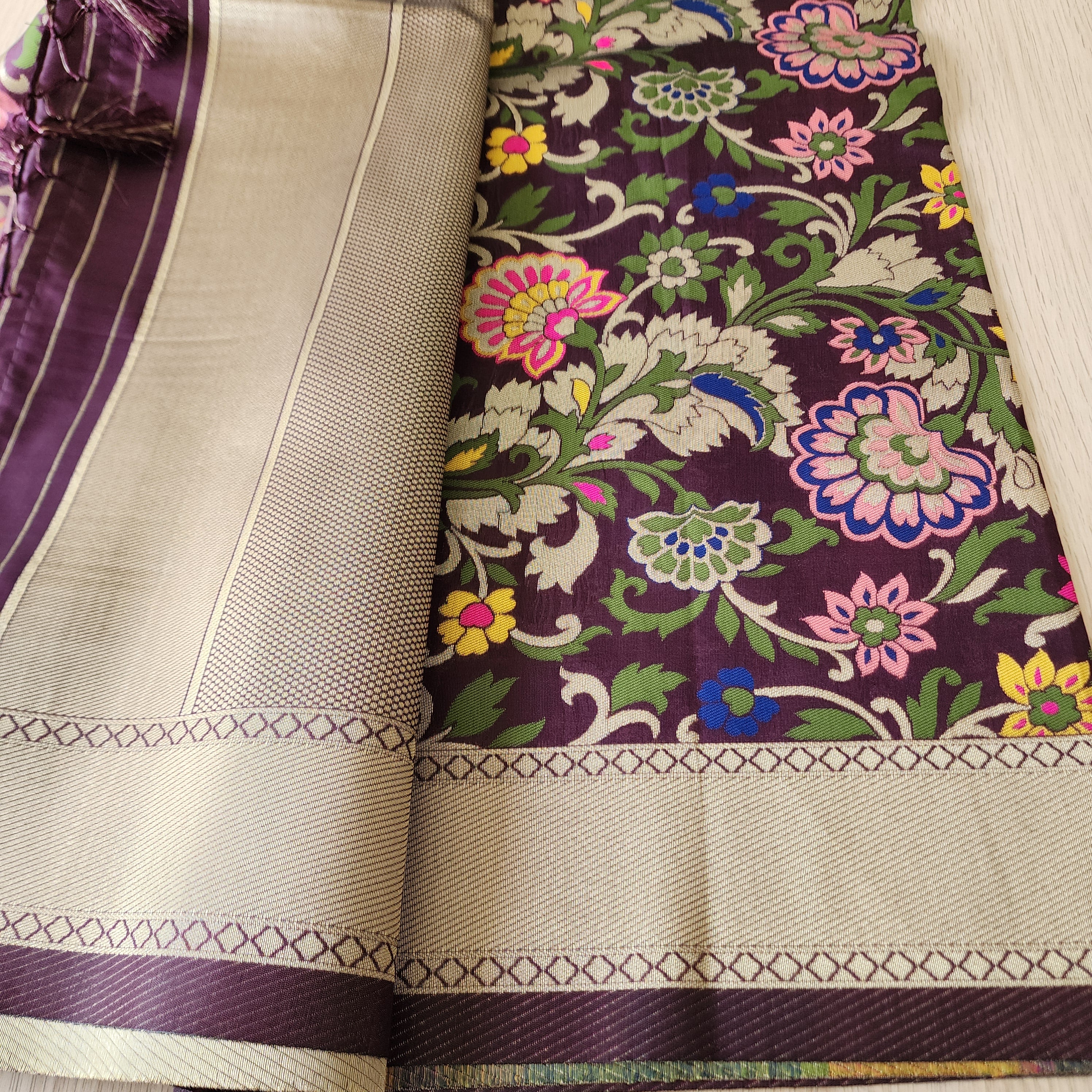 Banarasi Silk Dark Wine Dupatta with Multicolor & Gold Floral Handweaving