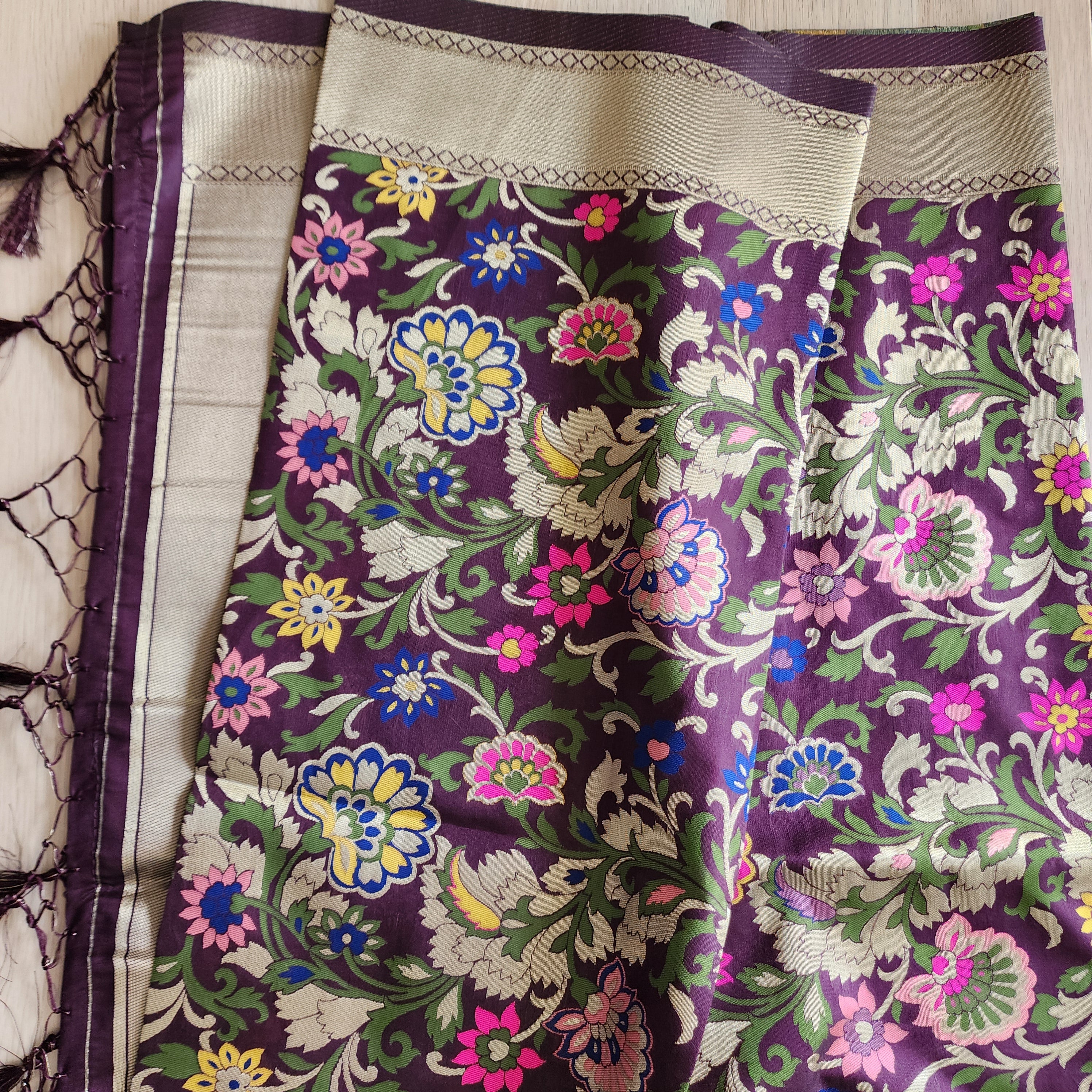 Banarasi Silk Dark Wine Dupatta with Multicolor & Gold Floral Handweaving