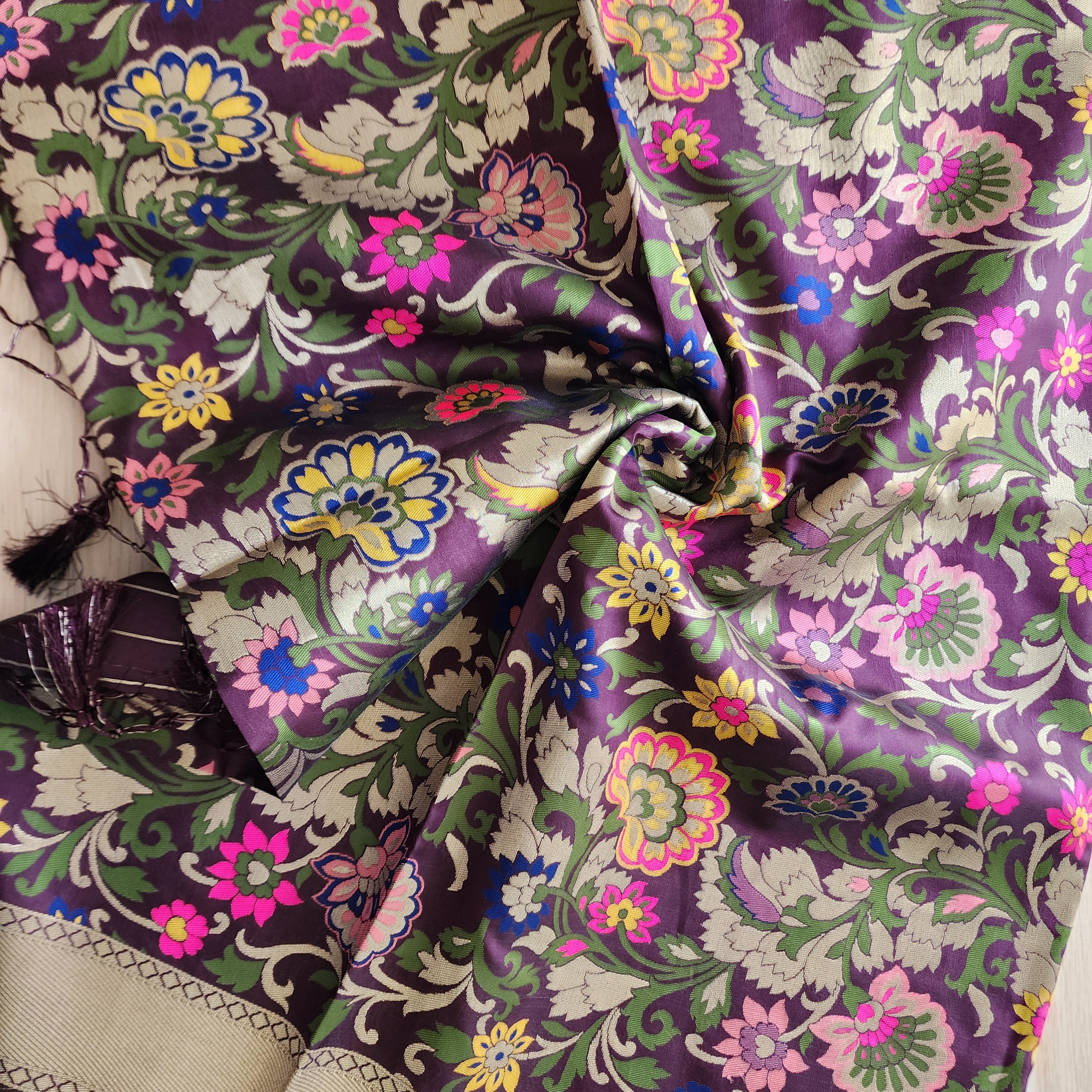 Banarasi Silk Dark Wine Dupatta with Multicolor & Gold Floral Handweaving