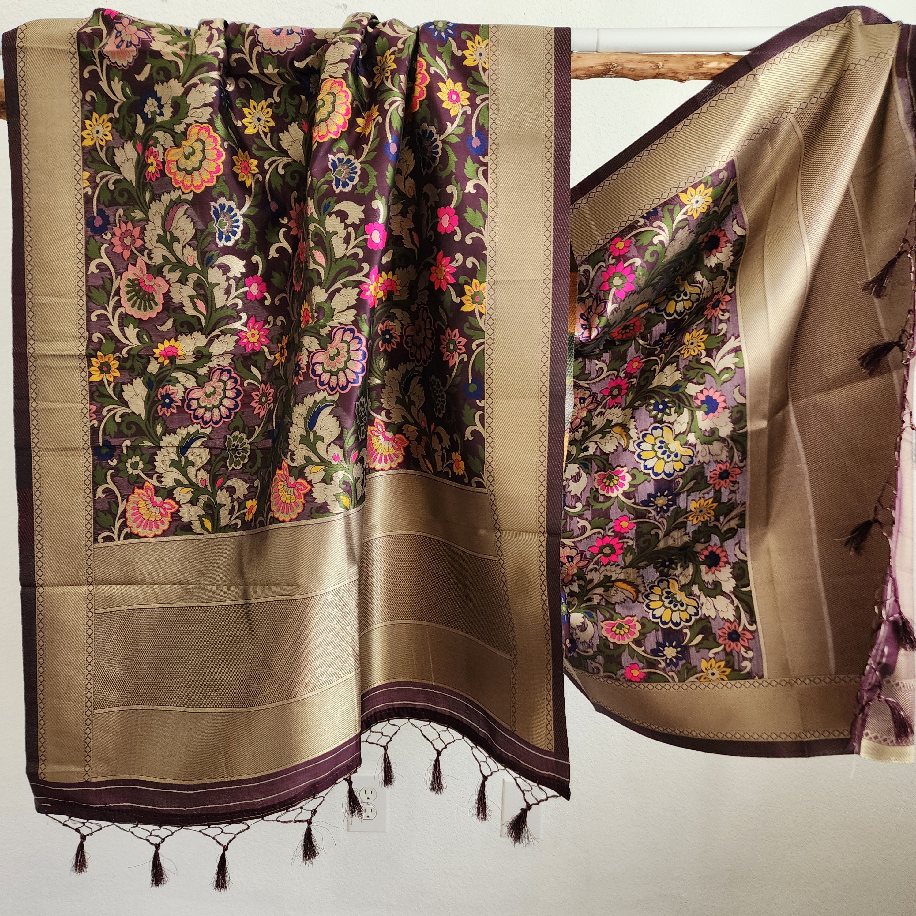 Banarasi Silk Dark Wine Dupatta with Multicolor & Gold Floral Handweaving