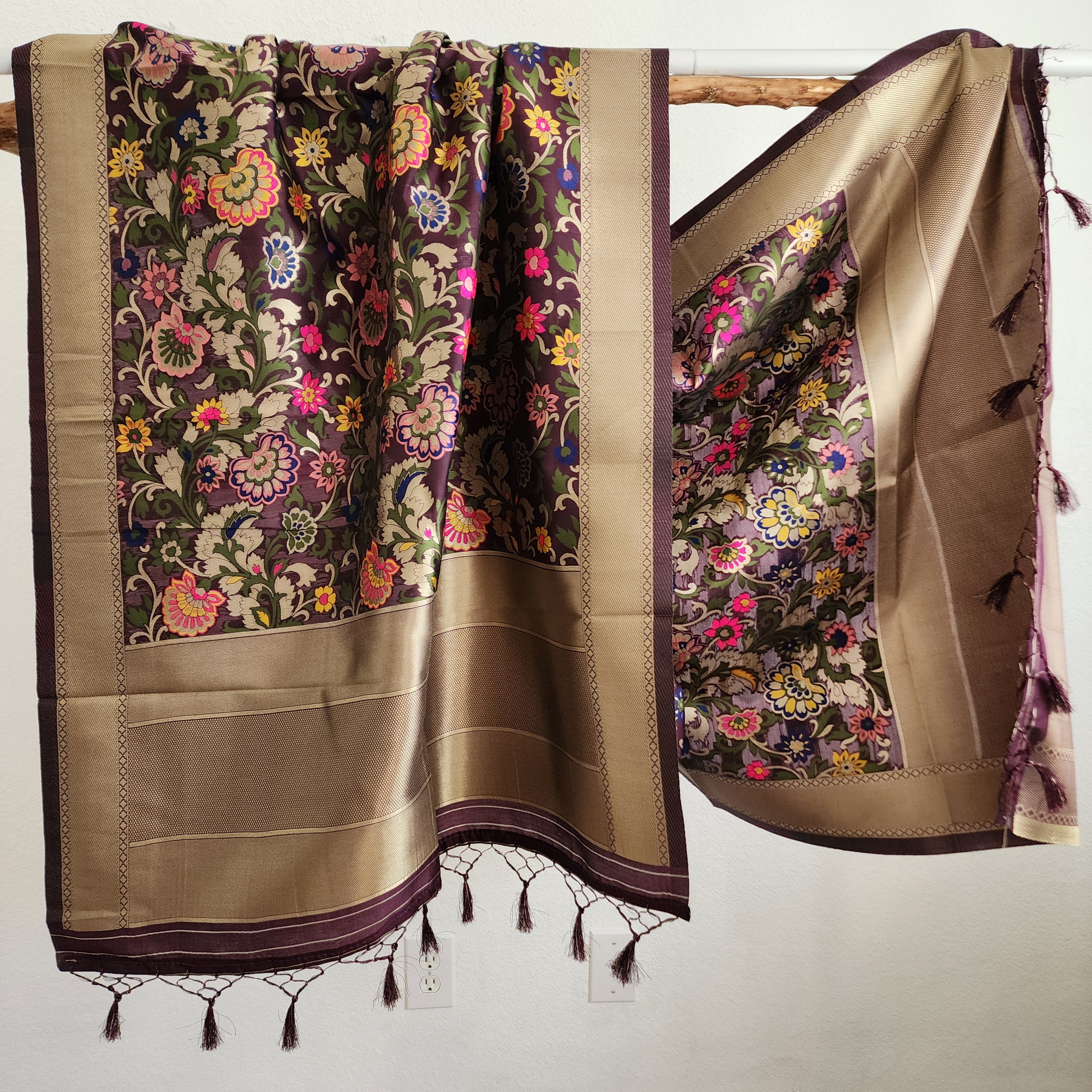 Banarasi Dark Wine Dupatta with multicolor handweaving