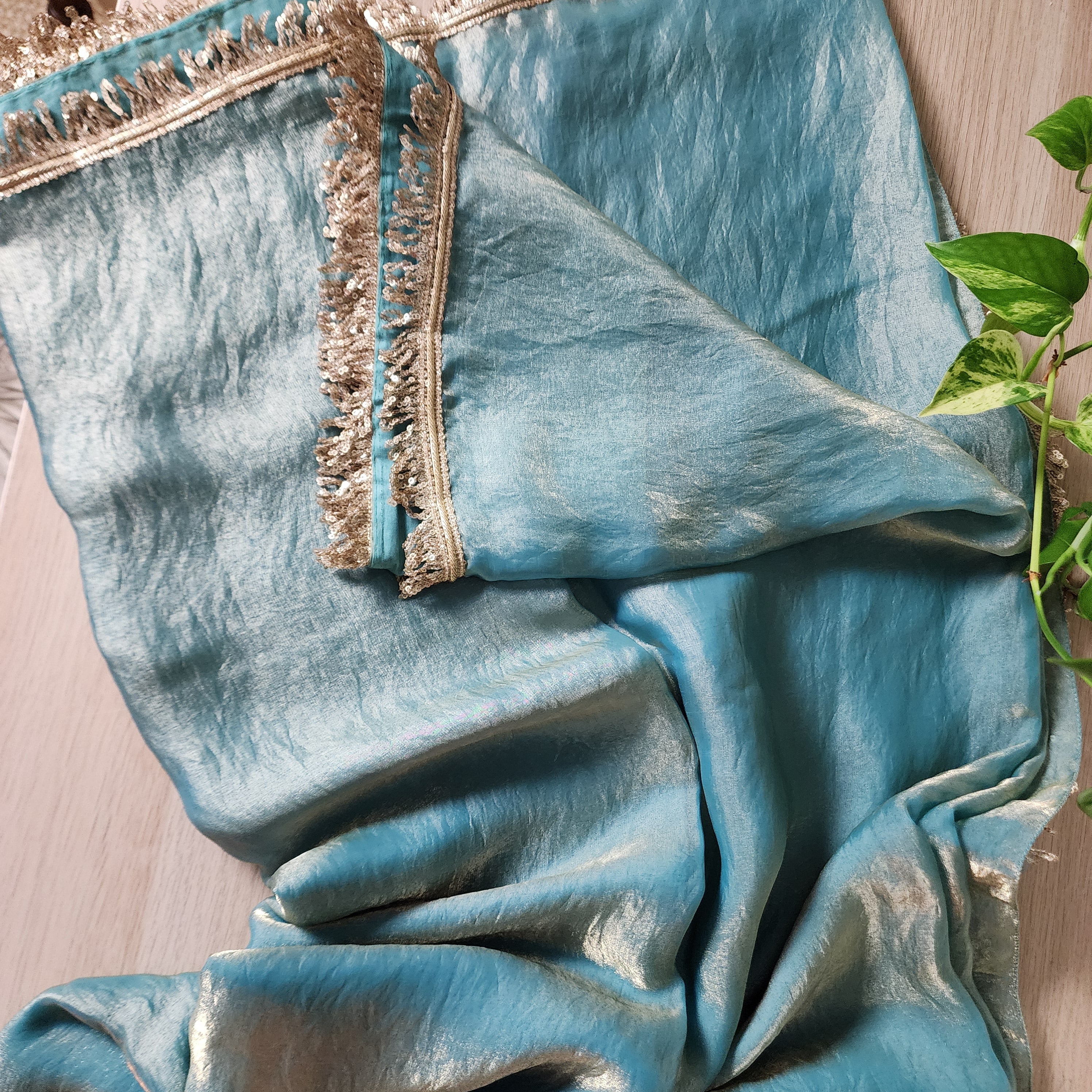 Designer Tissue Silk Saree - Pastel Blue with Readymade Blouse