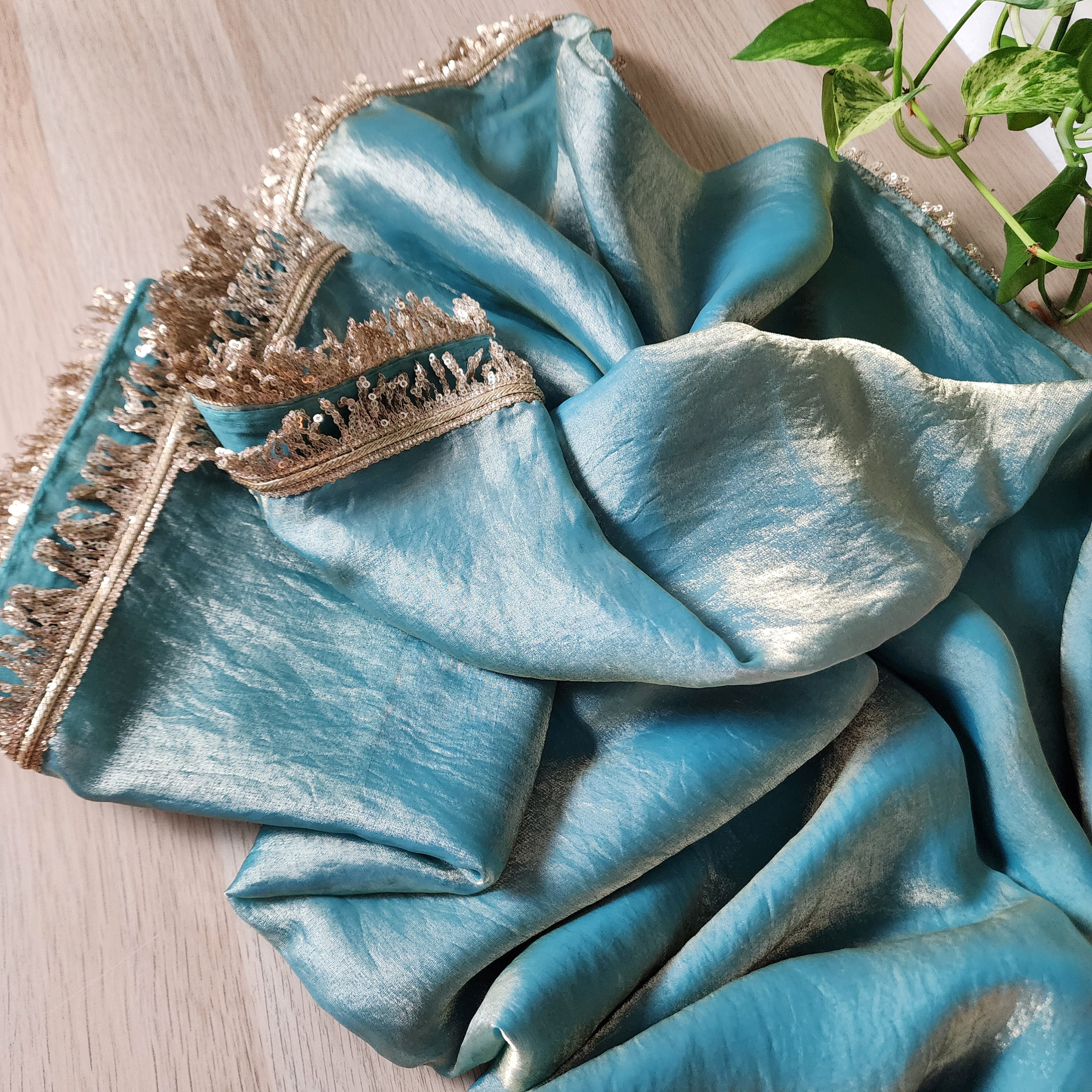 Designer Tissue Silk Saree - Pastel Blue with Readymade Blouse