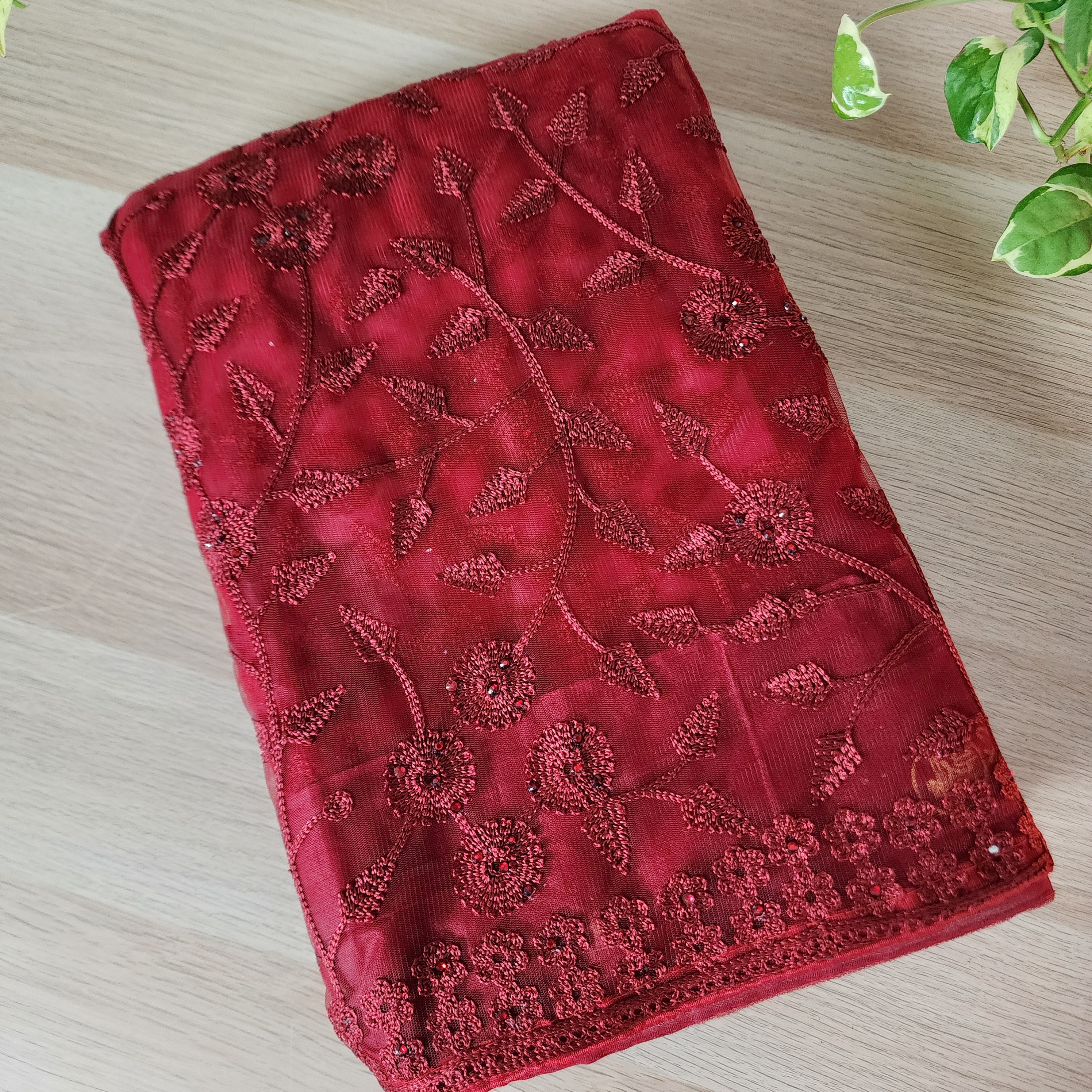 Embroidered Net Designer Saree in Dark Red