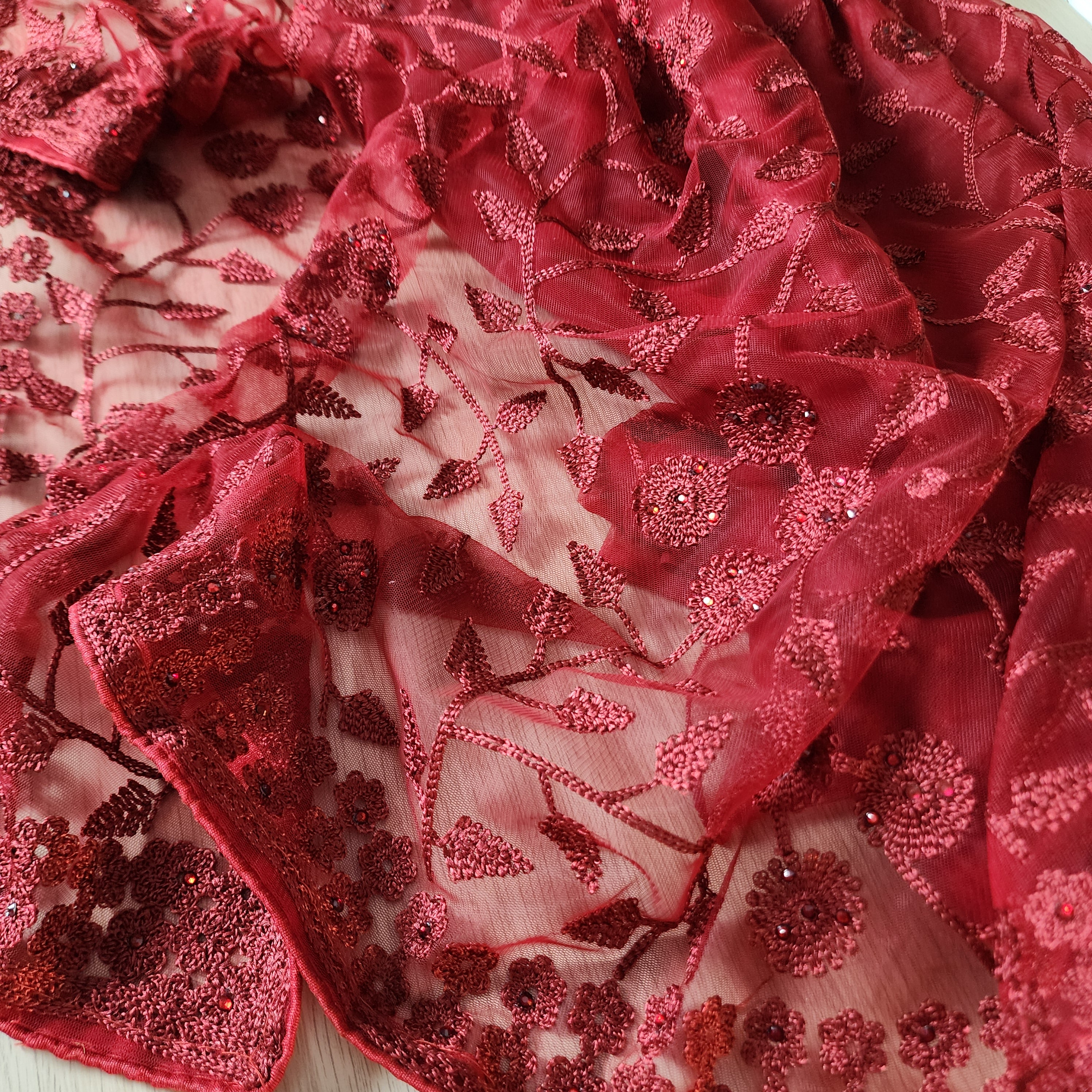 Embroidered Net Designer Saree in Dark Red