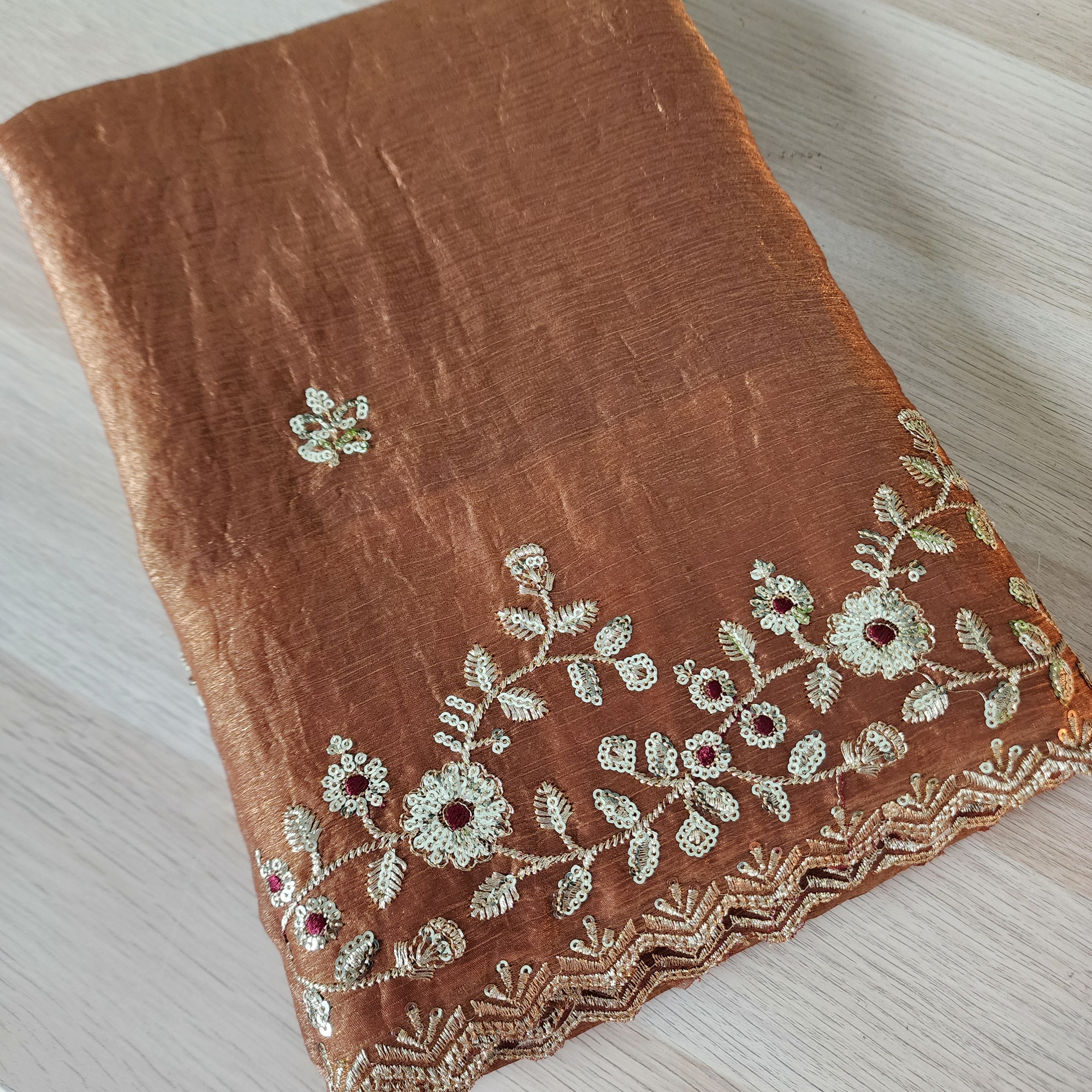 Brownish Copper Designer Chiffon Silk Saree with Sequin Embroidery